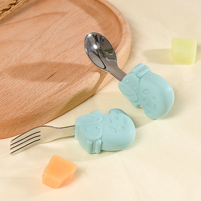 Baby Self-Feeding Spoon & Fork Set - Silicone & Steel