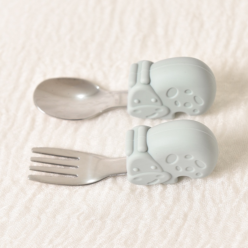 Baby Self-Feeding Spoon & Fork Set - Silicone & Steel
