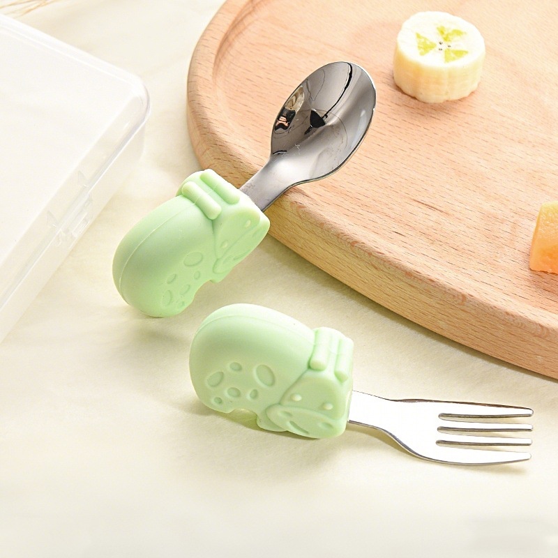 Baby Self-Feeding Spoon & Fork Set - Silicone & Steel