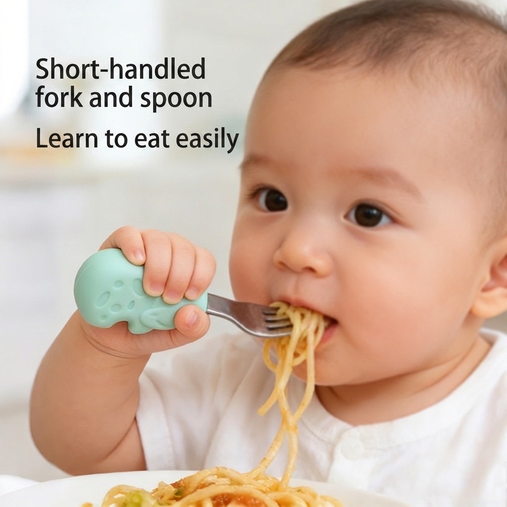 Baby Self-Feeding Spoon & Fork Set - Silicone & Steel
