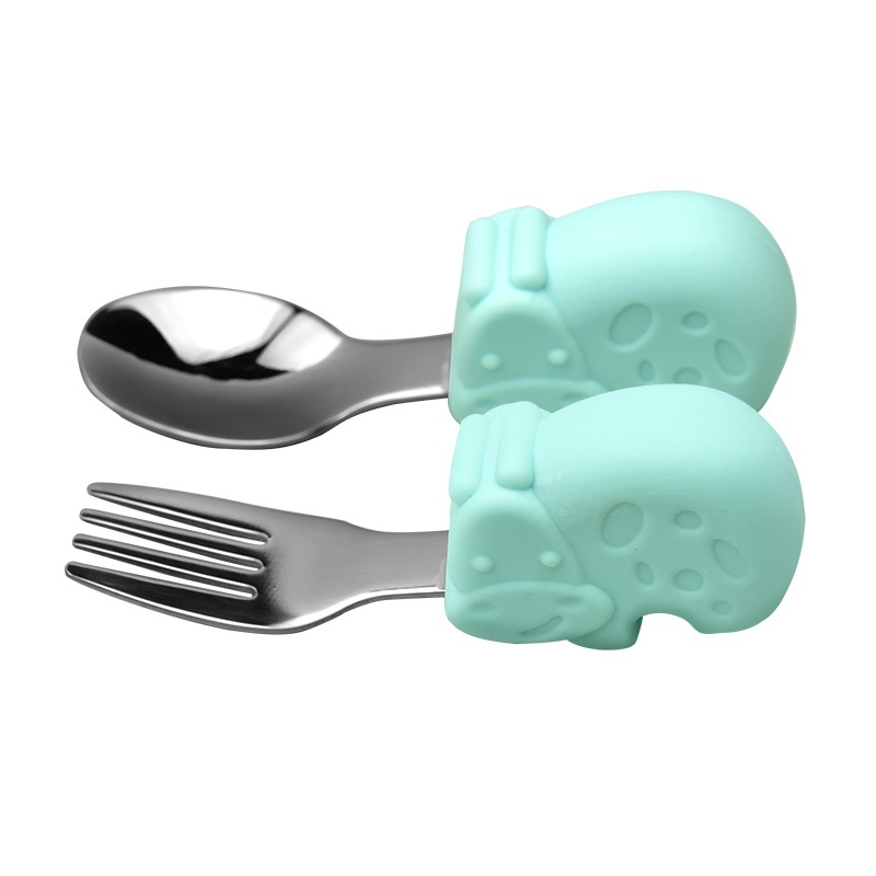 Baby Self-Feeding Spoon & Fork Set - Silicone & Steel