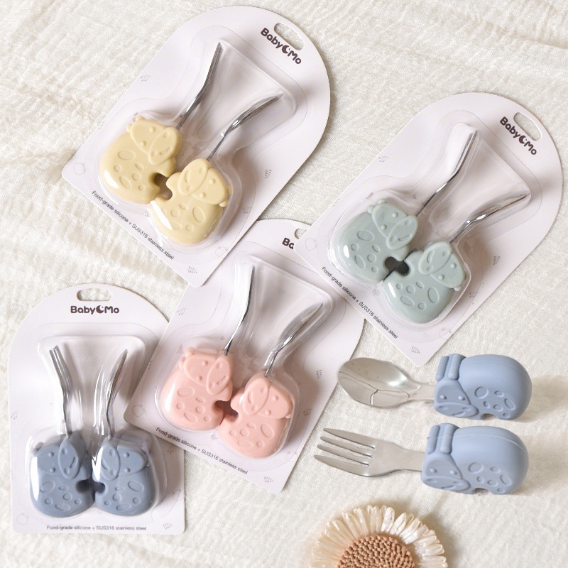 Baby Self-Feeding Spoon & Fork Set - Silicone & Steel