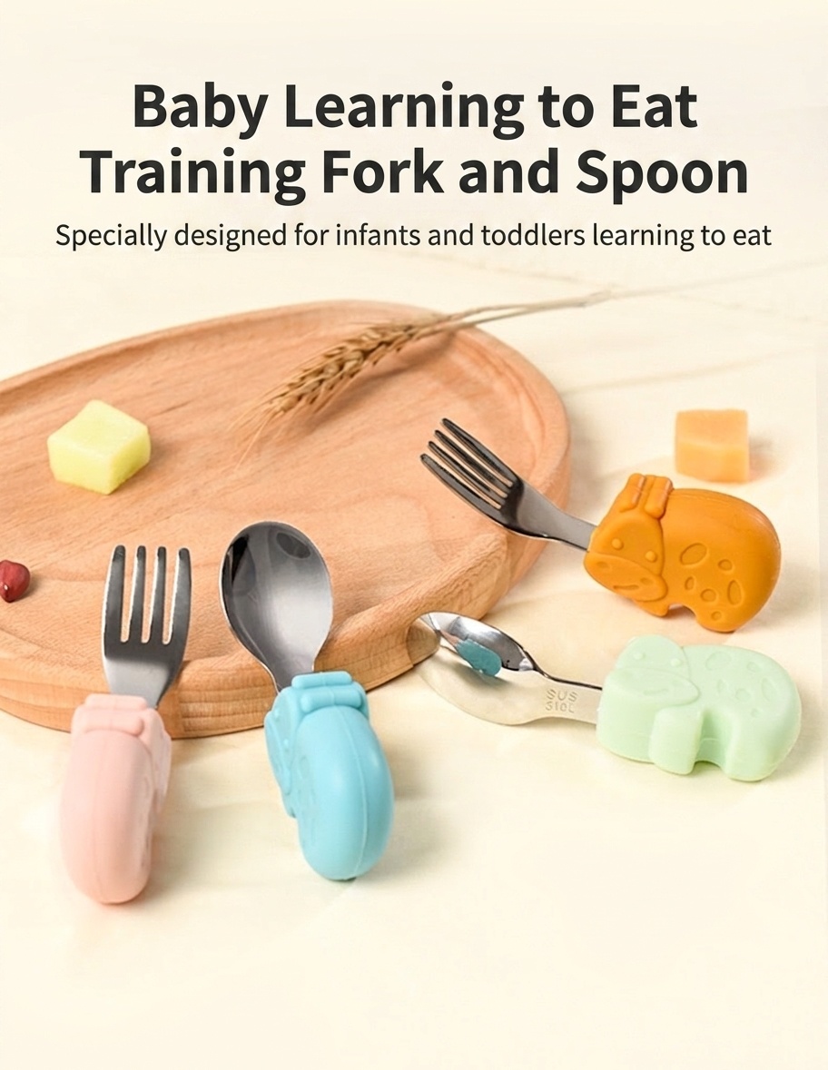 Baby Self-Feeding Spoon & Fork Set - Silicone & Steel