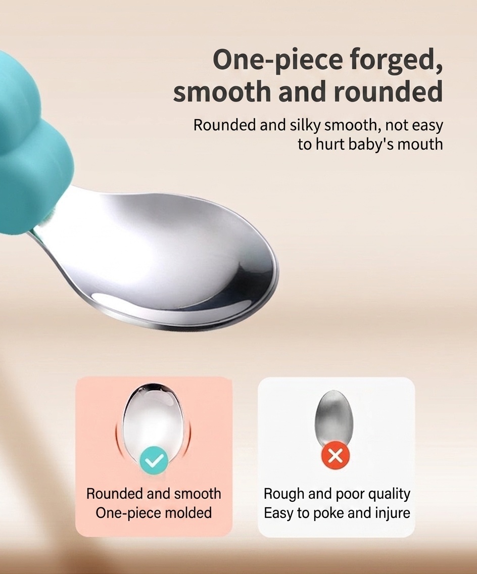 Baby Self-Feeding Spoon & Fork Set - Silicone & Steel