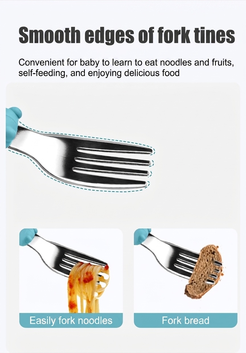 Baby Self-Feeding Spoon & Fork Set - Silicone & Steel