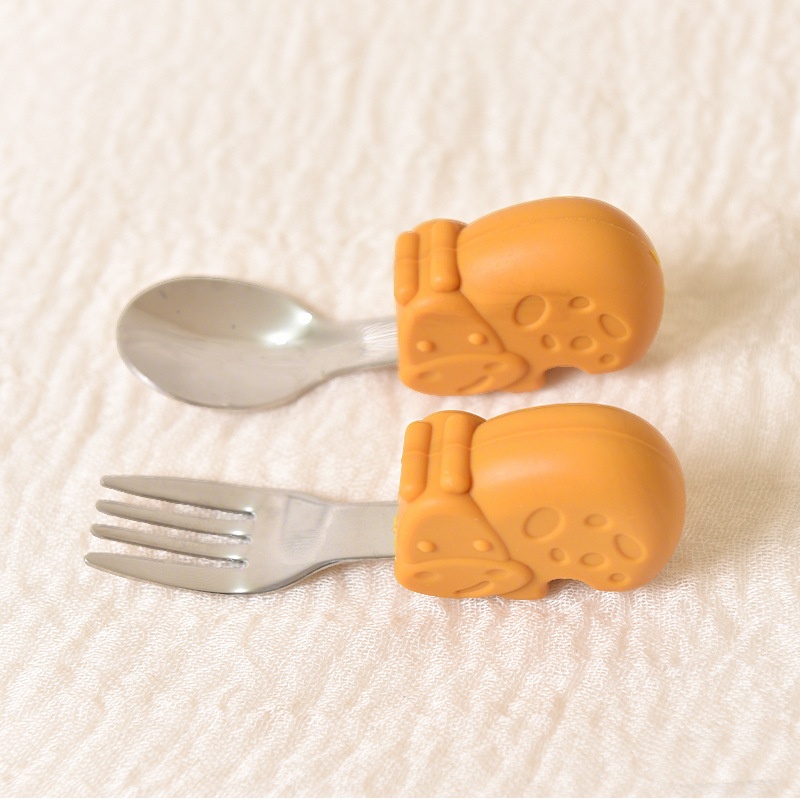 Baby Self-Feeding Spoon & Fork Set - Silicone & Steel