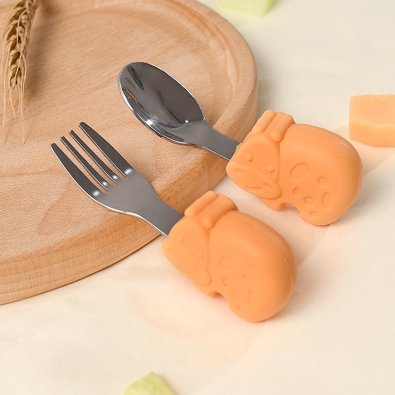 Baby Self-Feeding Spoon & Fork Set - Silicone & Steel
