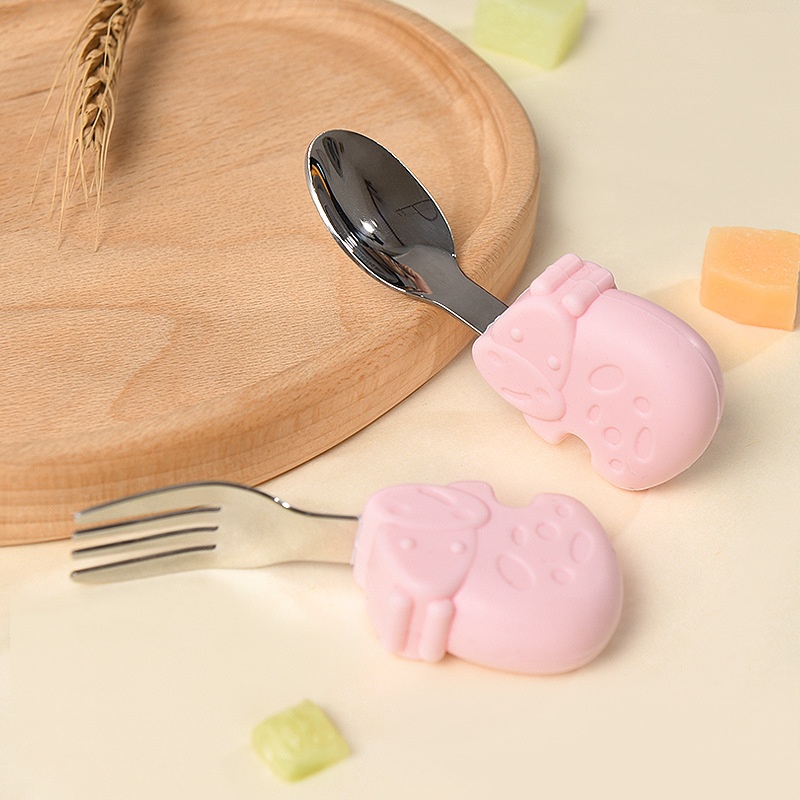 Baby Self-Feeding Spoon & Fork Set - Silicone & Steel