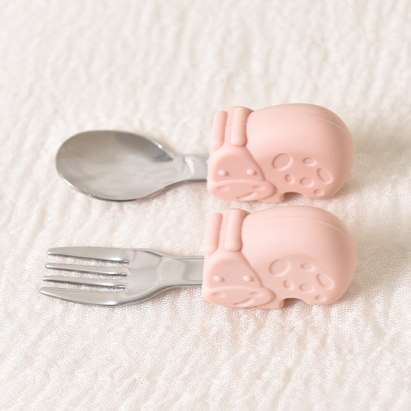 Baby Self-Feeding Spoon & Fork Set - Silicone & Steel