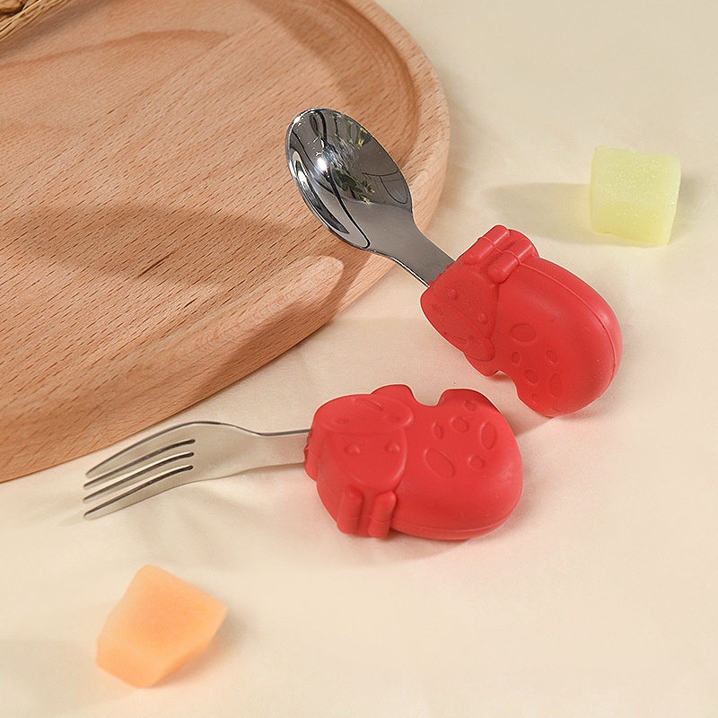 Baby Self-Feeding Spoon & Fork Set - Silicone & Steel