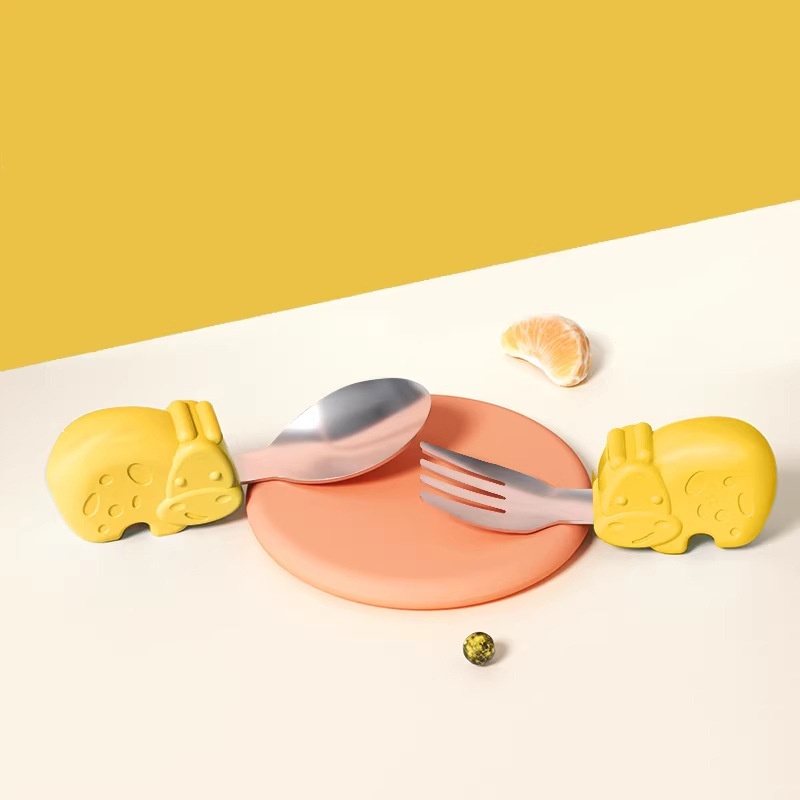 Baby Self-Feeding Spoon & Fork Set - Silicone & Steel
