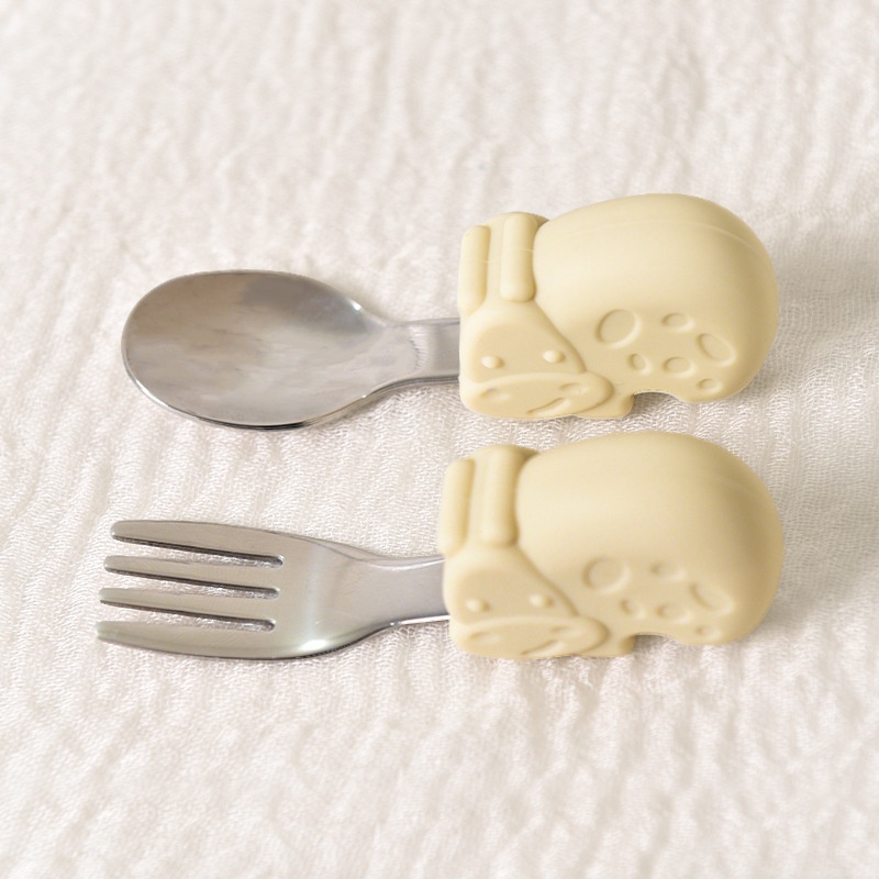 Baby Self-Feeding Spoon & Fork Set - Silicone & Steel