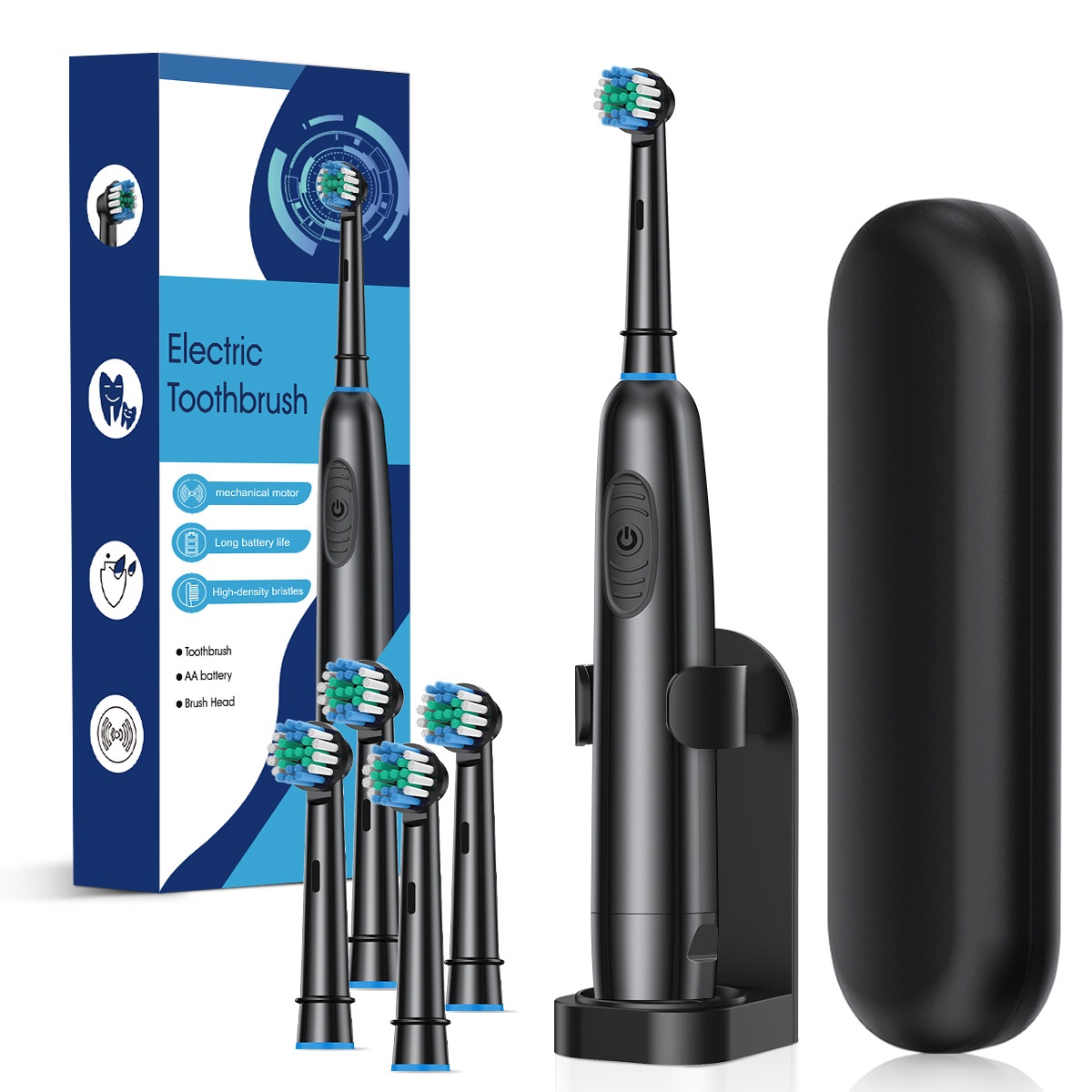 Powerful Electric Toothbrush with Mechanical Motor, High-Density Bristles, Travel Case