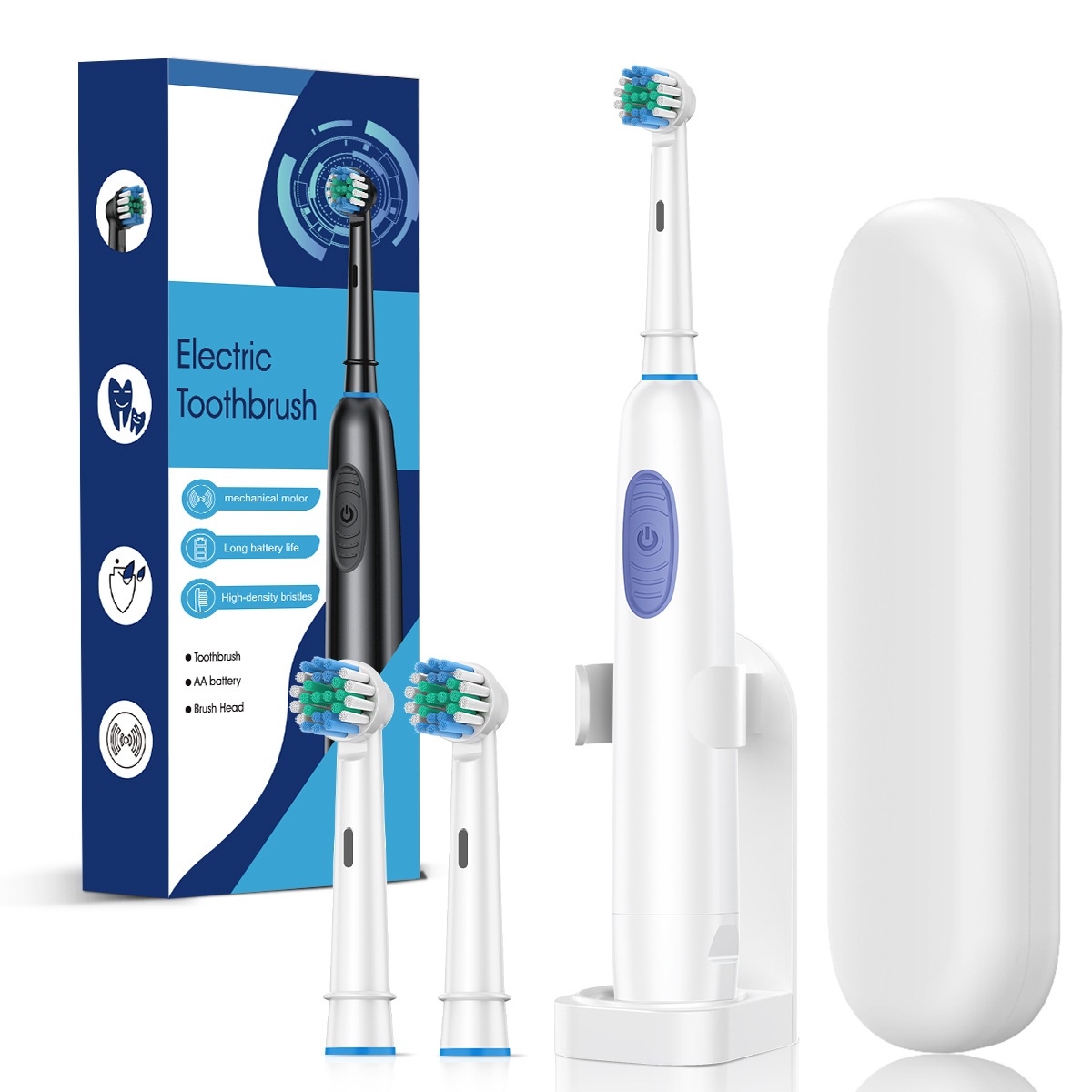 Powerful Electric Toothbrush with Mechanical Motor, High-Density Bristles, Travel Case