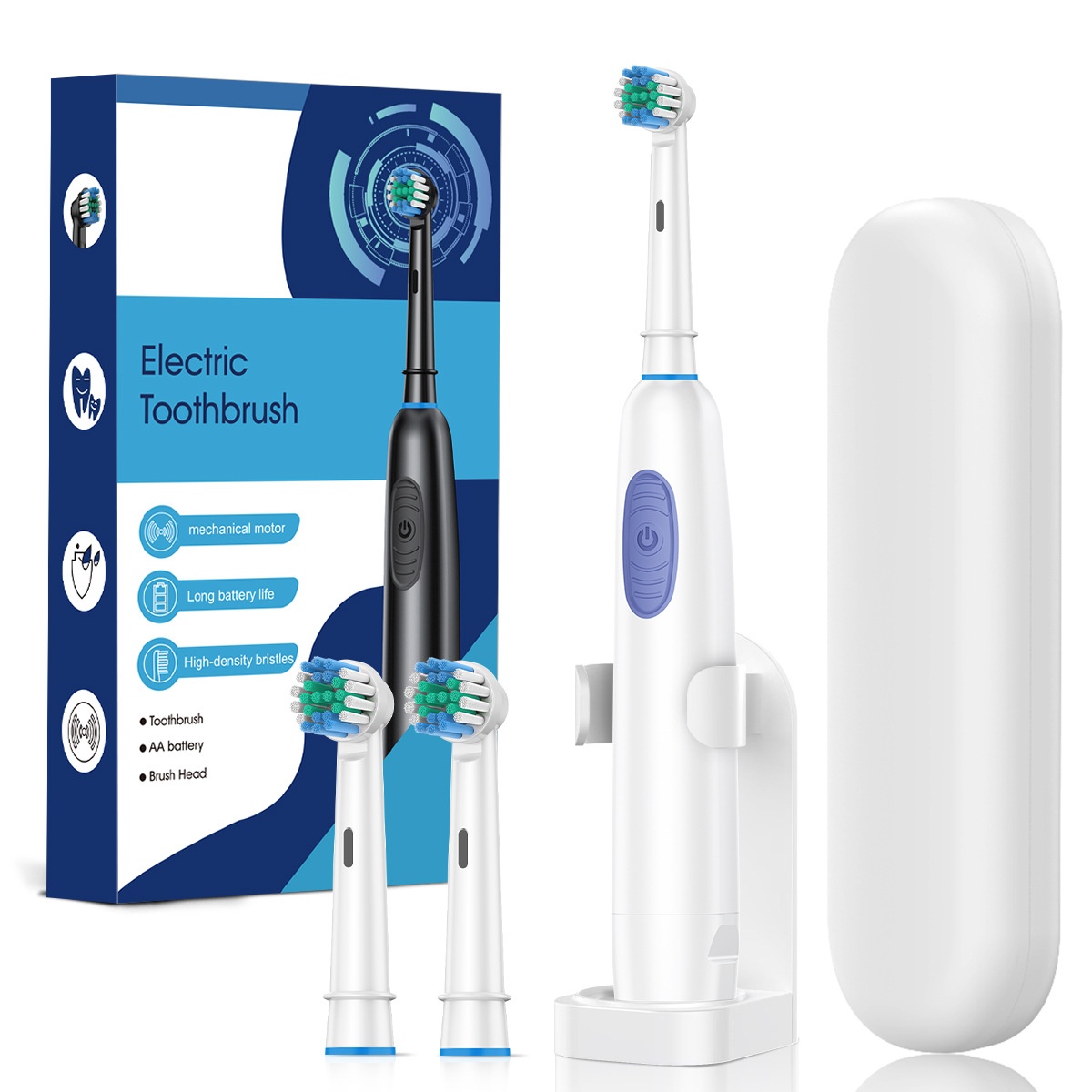 Powerful Electric Toothbrush with Mechanical Motor, High-Density Bristles, Travel Case