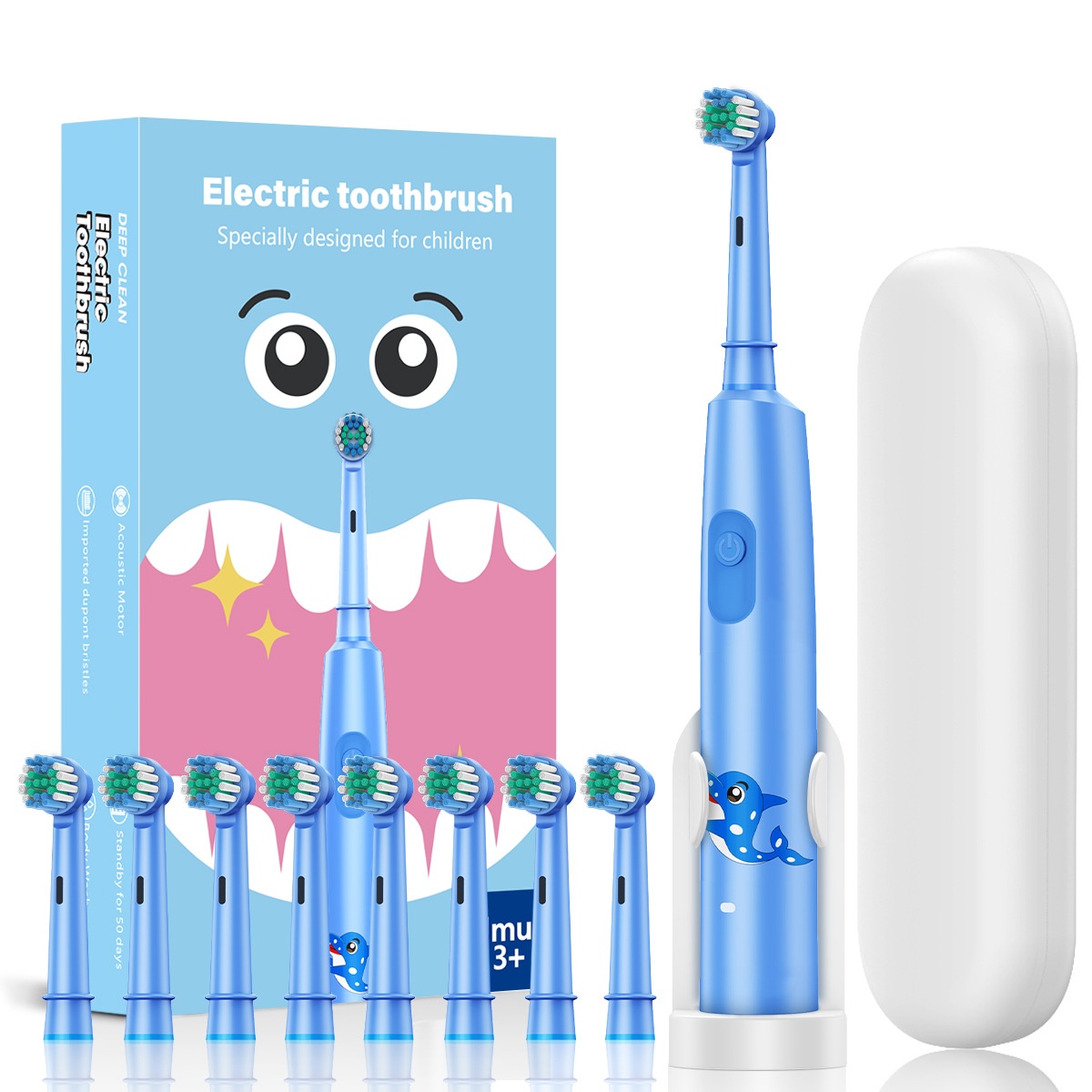 Brosse à dents électrique sonique pour enfants, motif animaux, 8 têtes de rechange, étui de voyage
