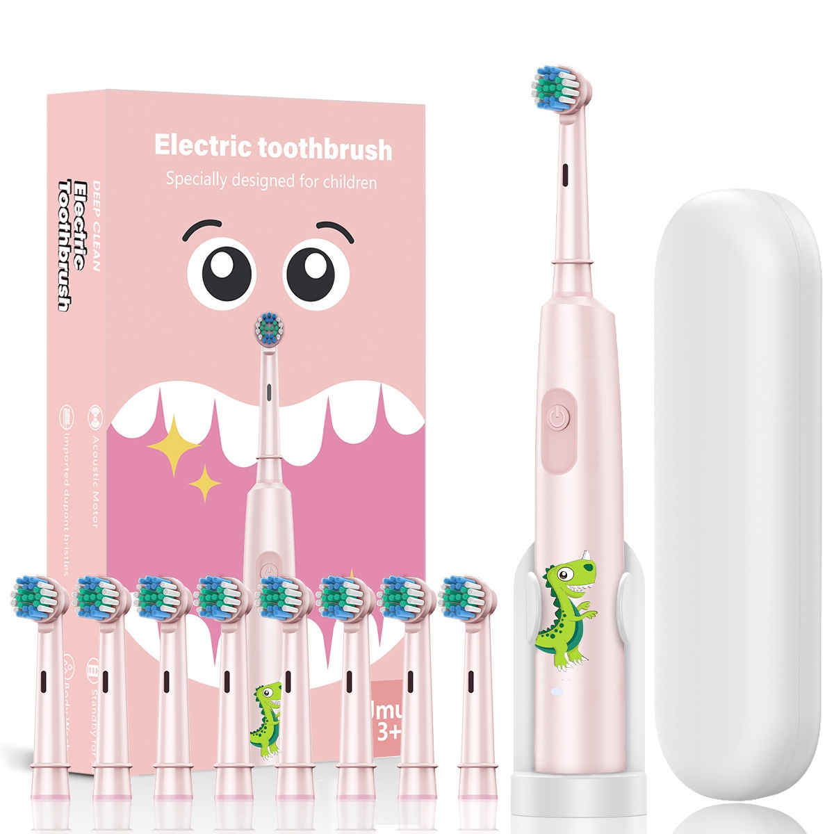 Brosse à dents électrique sonique pour enfants, motif animaux, 8 têtes de rechange, étui de voyage