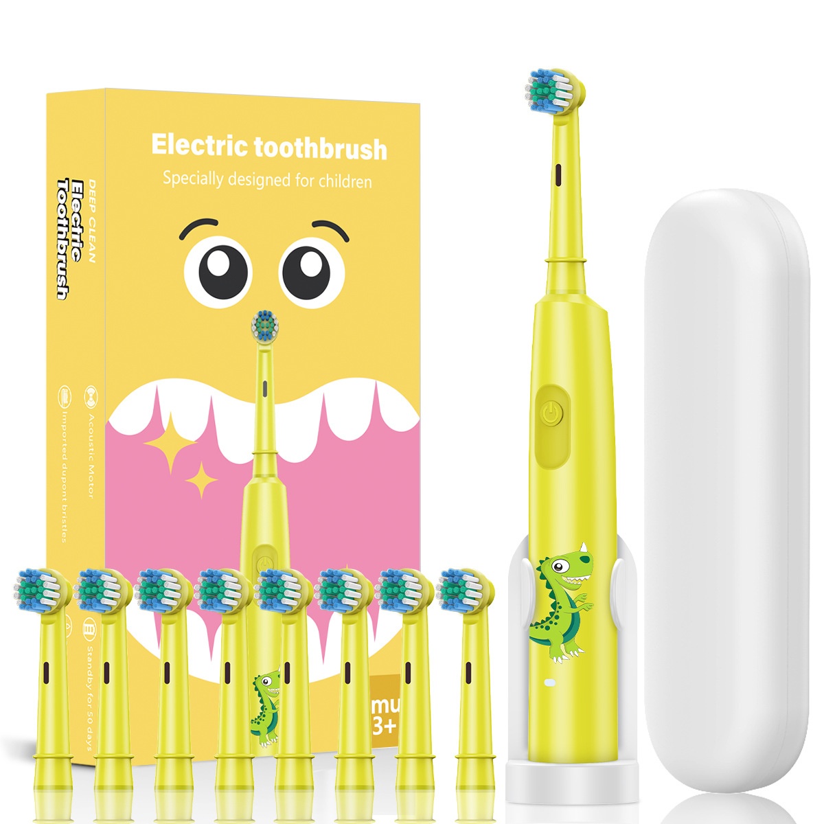 Brosse à dents électrique sonique pour enfants, motif animaux, 8 têtes de rechange, étui de voyage