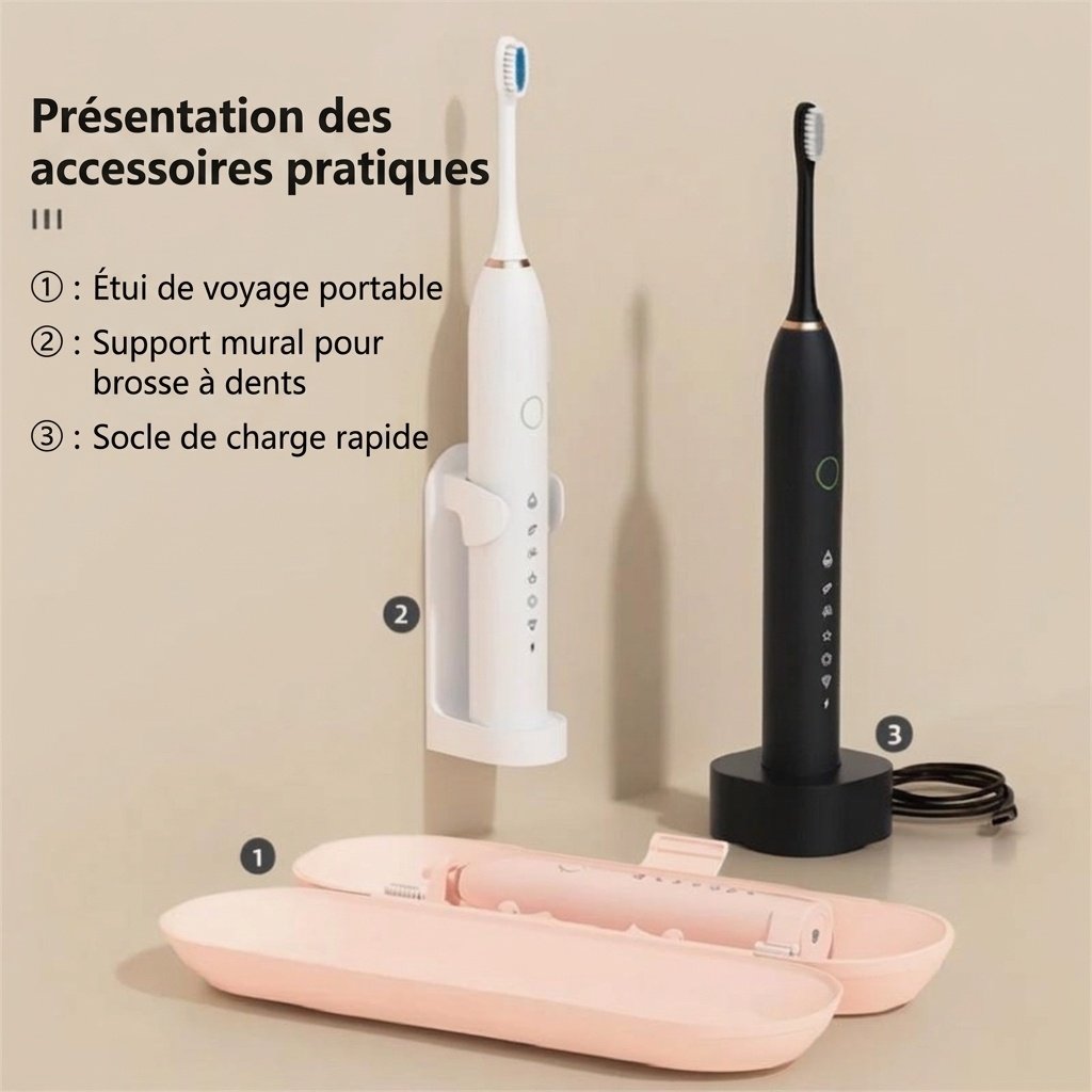 Brosse à dents électrique sonique étanche IPX7, 6 modes, rechargeable par USB, autonomie de 60 jours