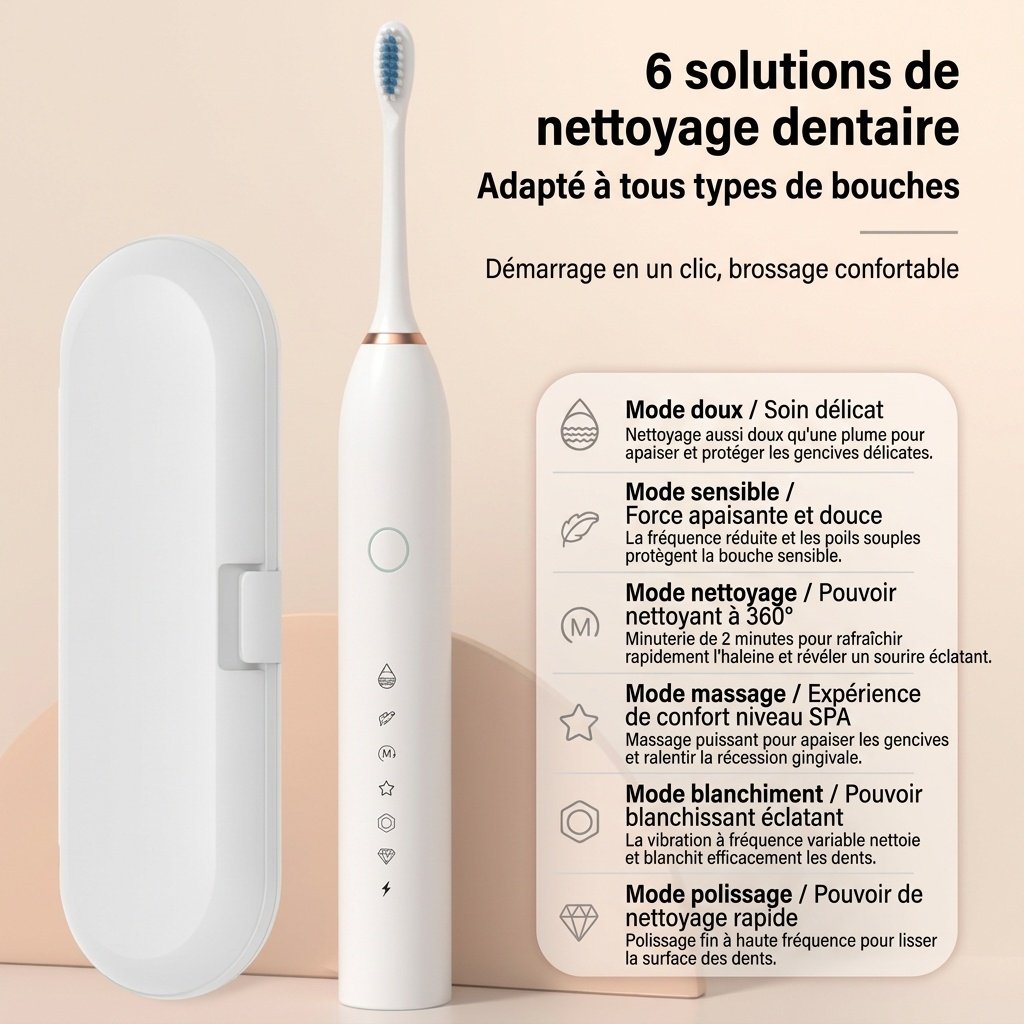 Brosse à dents électrique sonique étanche IPX7, 6 modes, rechargeable par USB, autonomie de 60 jours