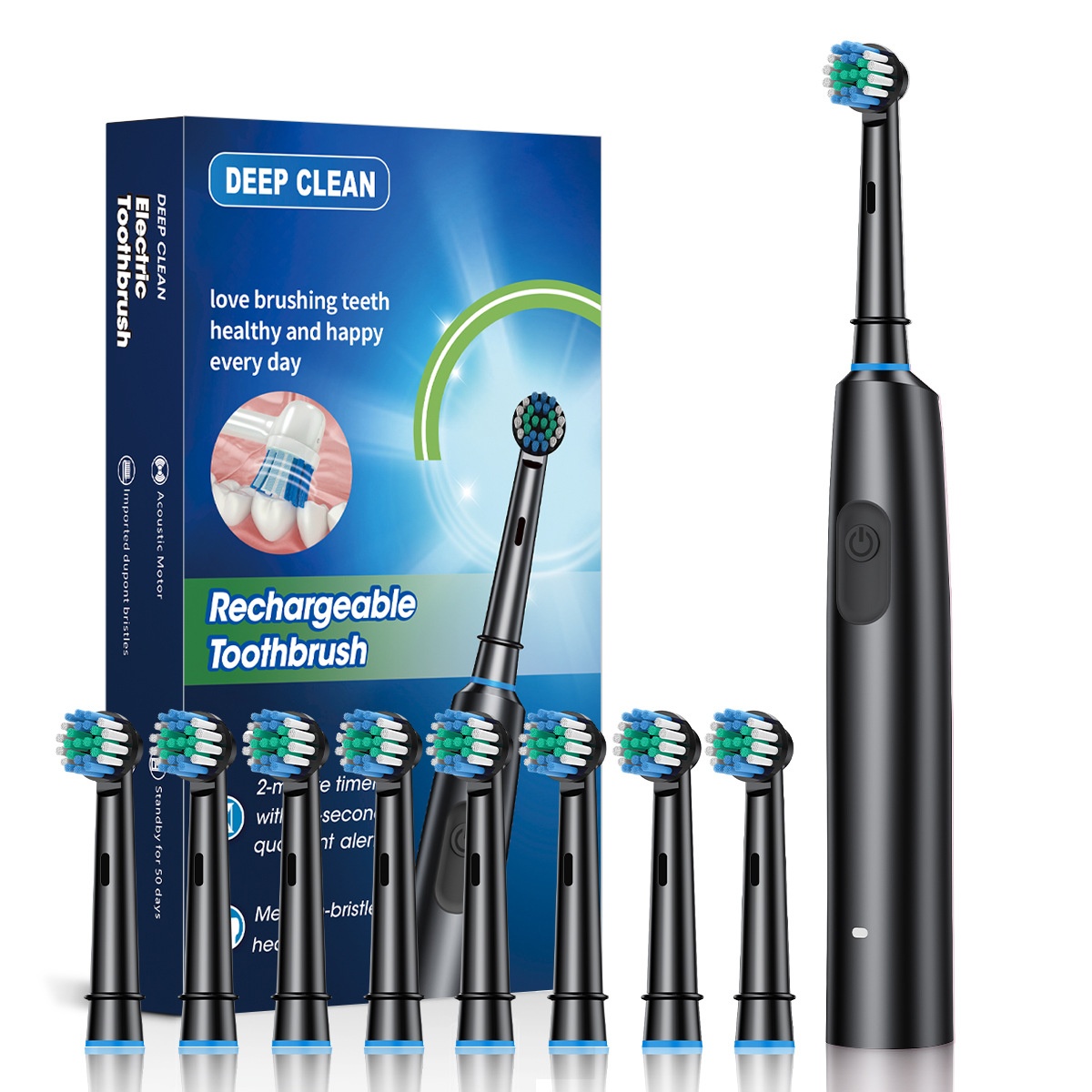 Rechargeable Acoustic Motor Electric Toothbrush with 2-Minute Timer, 8 Heads