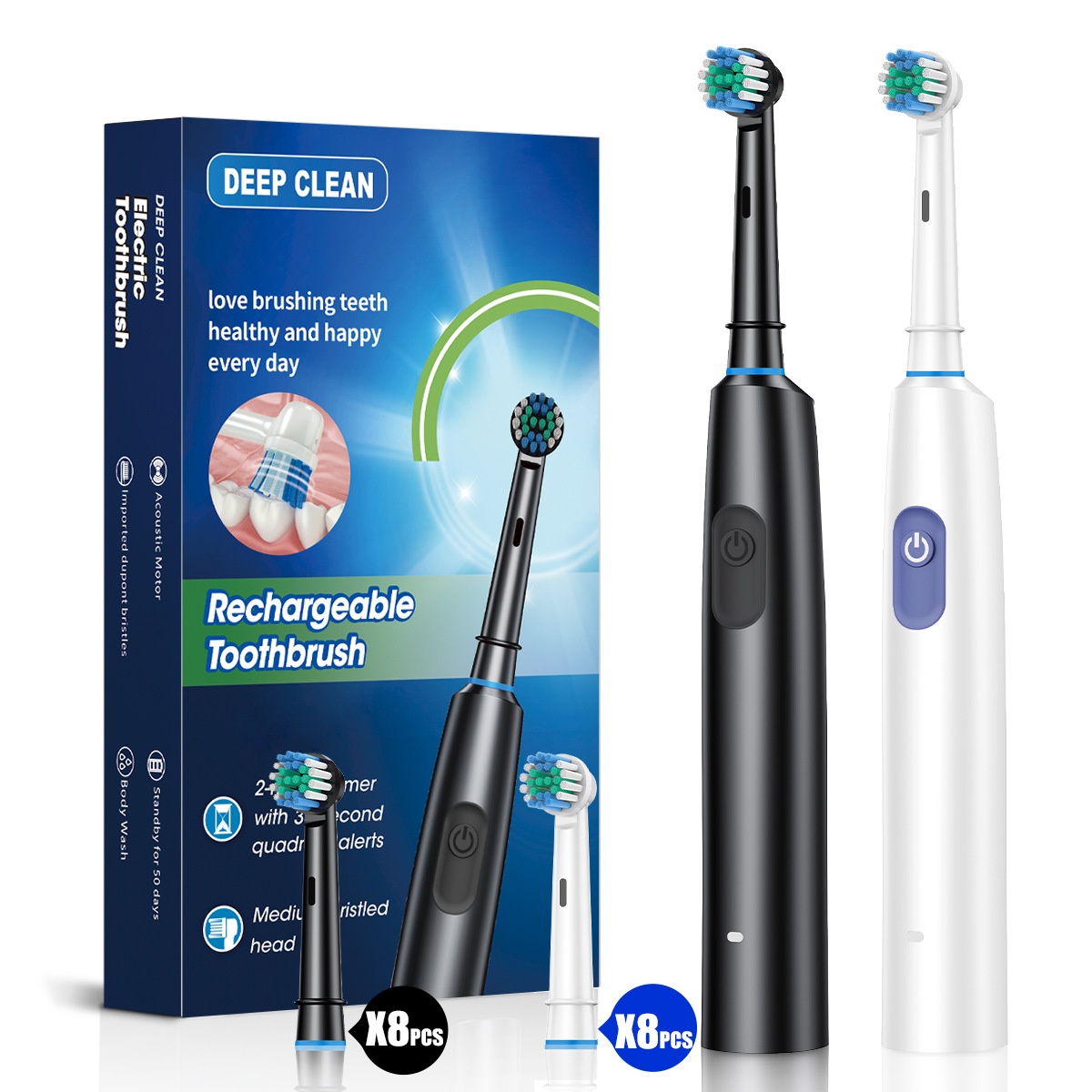 Rechargeable Acoustic Motor Electric Toothbrush with 2-Minute Timer, 8 Heads