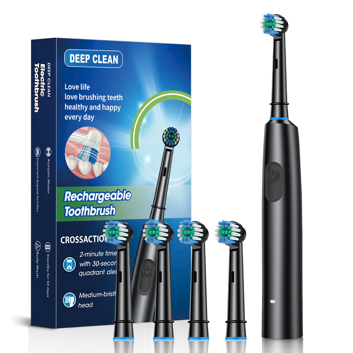Rechargeable Acoustic Motor Electric Toothbrush with 2-Minute Timer, 8 Heads
