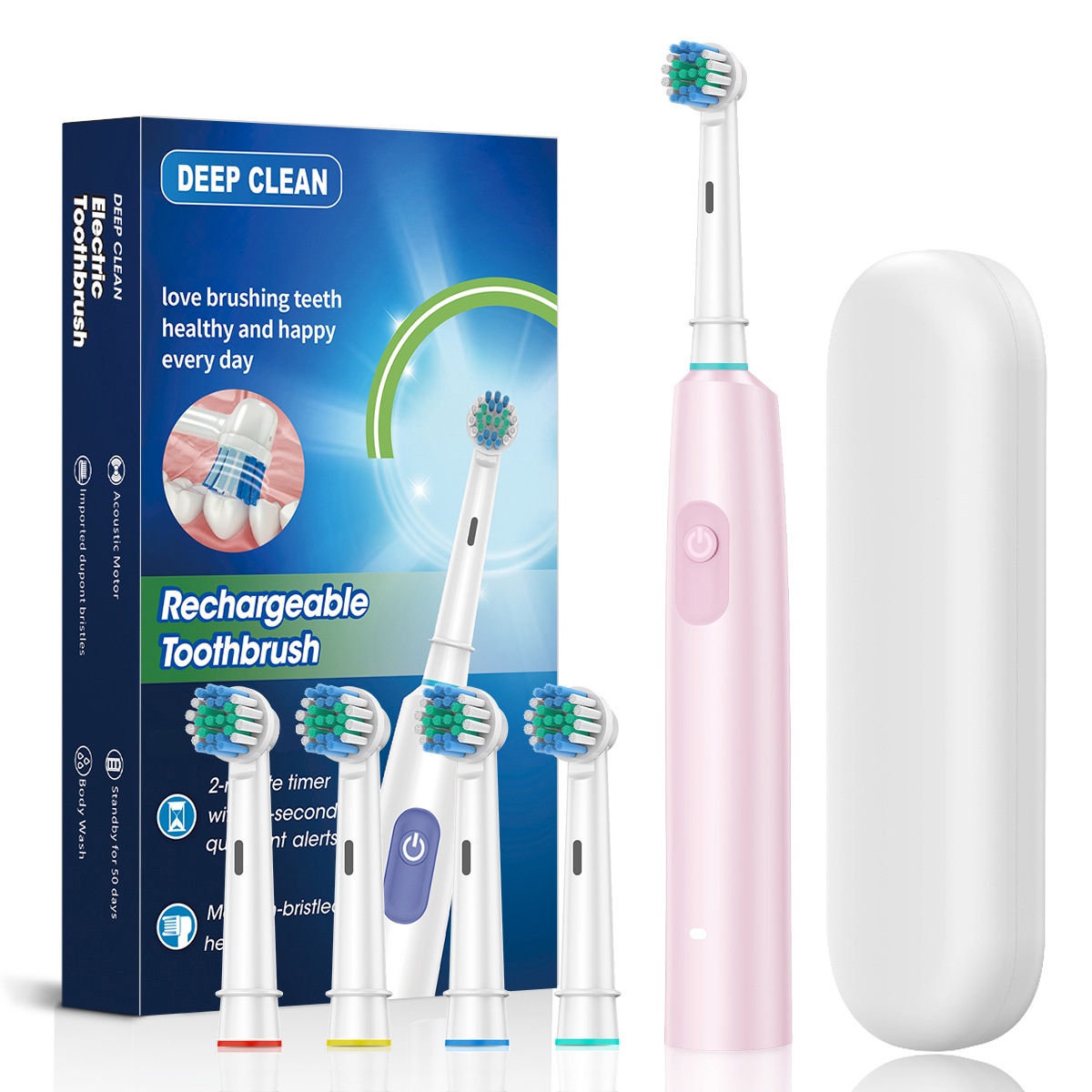 Rechargeable Acoustic Motor Electric Toothbrush with 2-Minute Timer, 8 Heads