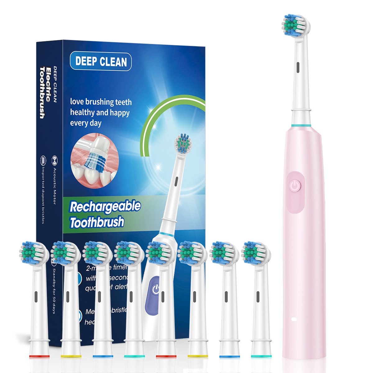 Rechargeable Acoustic Motor Electric Toothbrush with 2-Minute Timer, 8 Heads