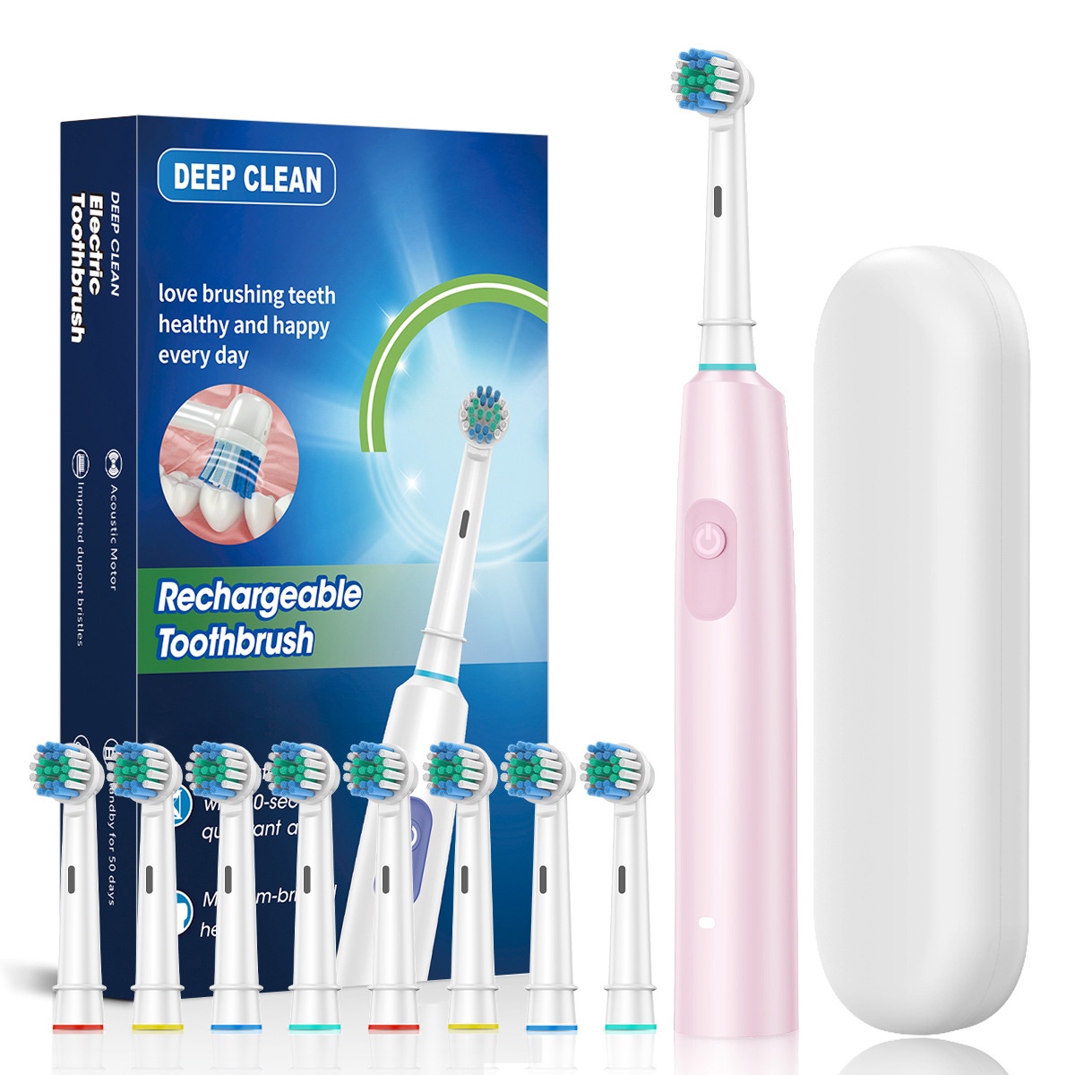 Rechargeable Acoustic Motor Electric Toothbrush with 2-Minute Timer, 8 Heads
