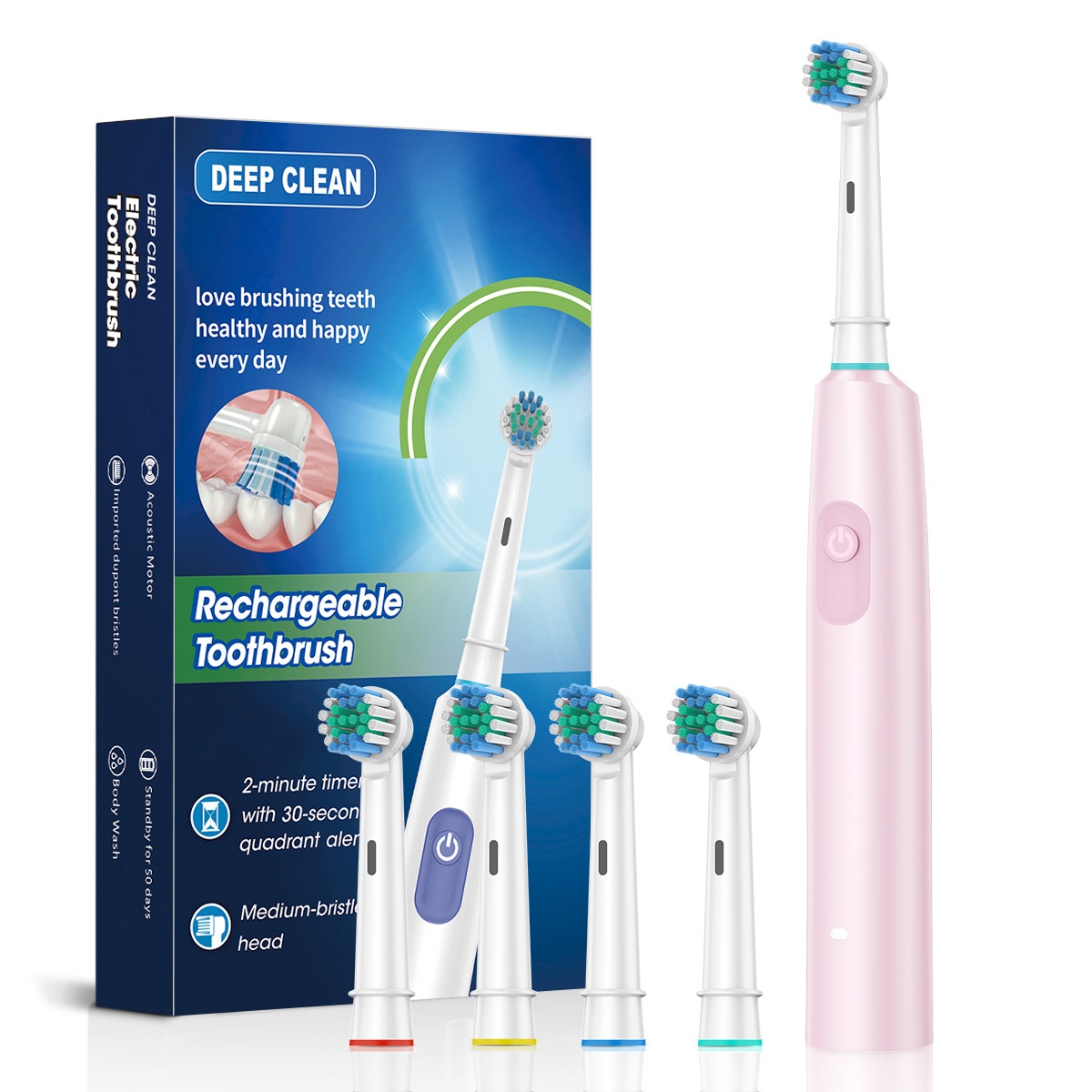 Rechargeable Acoustic Motor Electric Toothbrush with 2-Minute Timer, 8 Heads