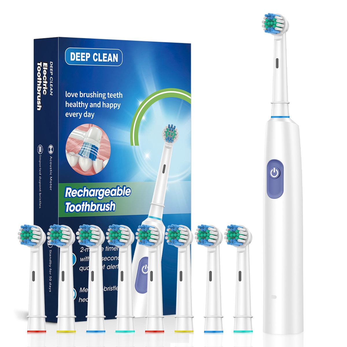 Rechargeable Acoustic Motor Electric Toothbrush with 2-Minute Timer, 8 Heads