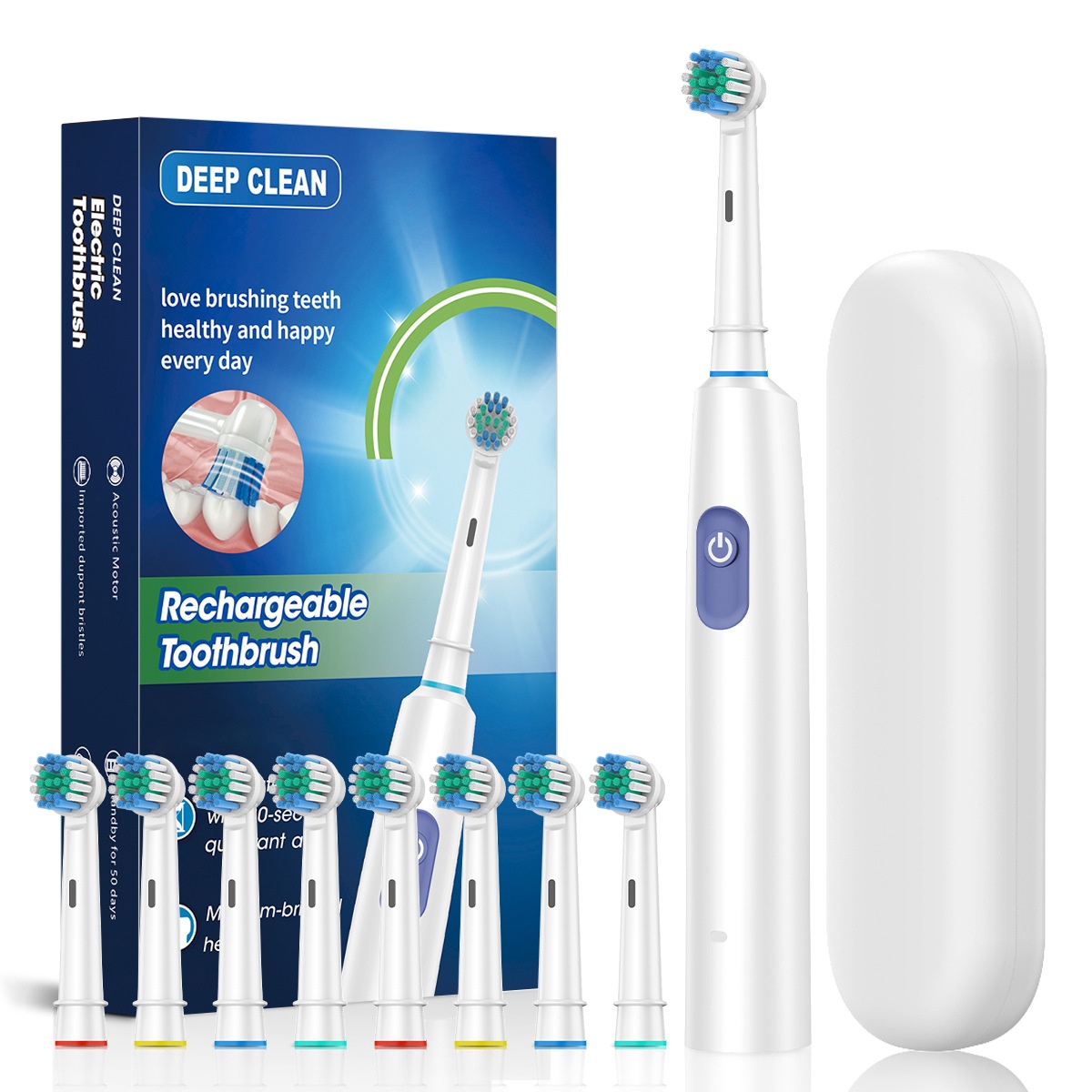 Rechargeable Acoustic Motor Electric Toothbrush with 2-Minute Timer, 8 Heads