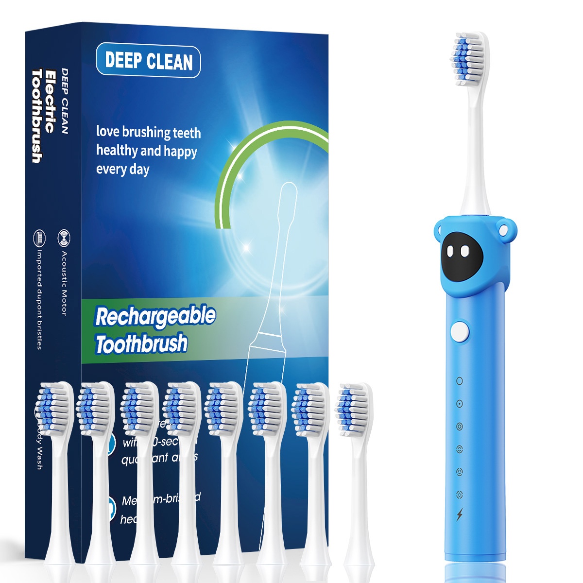 Brosse à dents électrique ergonomique pour enfants avec minuteur intelligent, poils souples et 8 têtes de brosse.