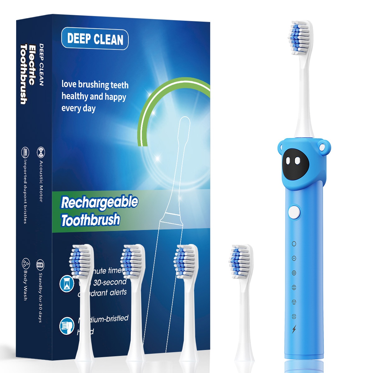 Brosse à dents électrique ergonomique pour enfants avec minuteur intelligent, poils souples et 8 têtes de brosse.