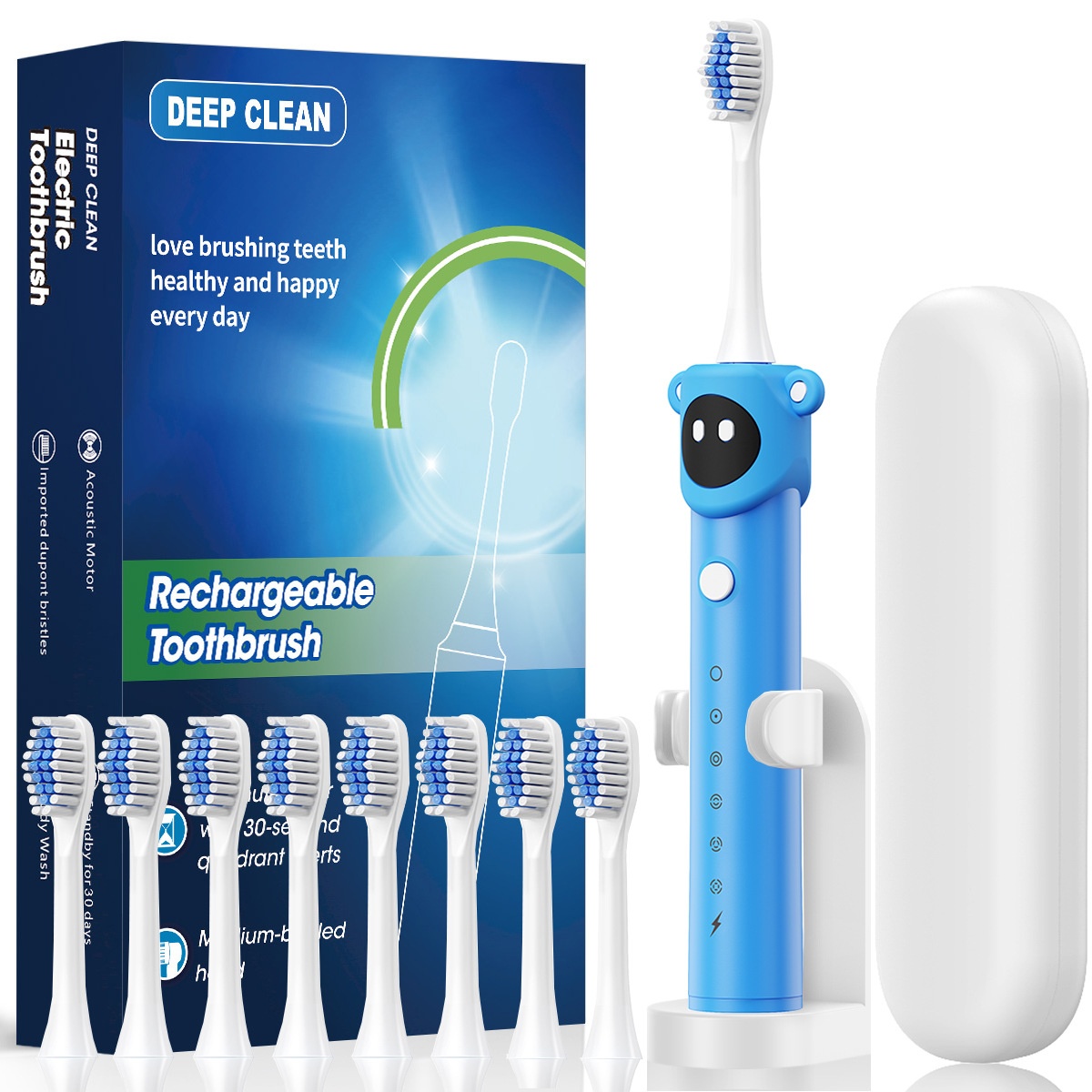Brosse à dents électrique ergonomique pour enfants avec minuteur intelligent, poils souples et 8 têtes de brosse.