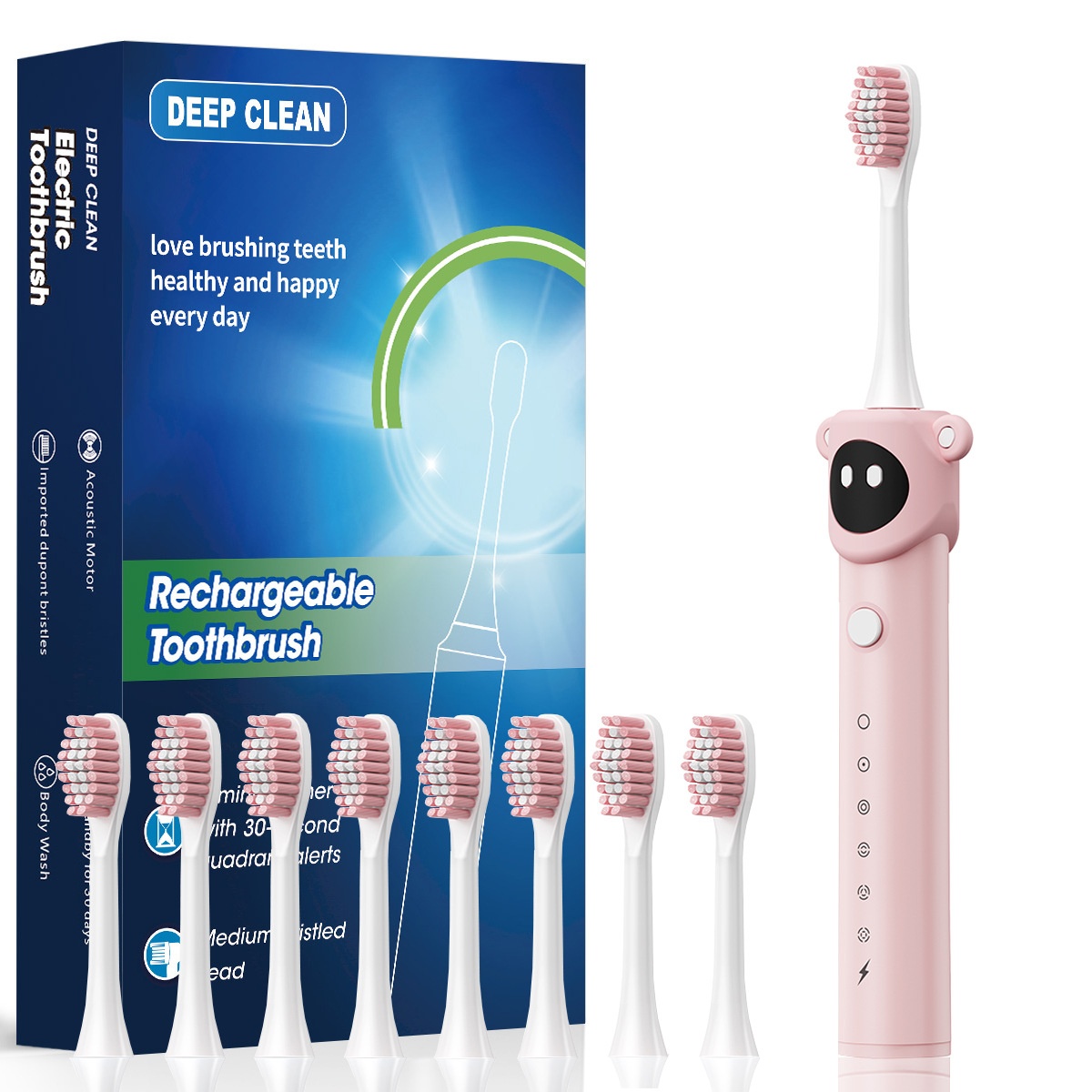 Brosse à dents électrique ergonomique pour enfants avec minuteur intelligent, poils souples et 8 têtes de brosse.