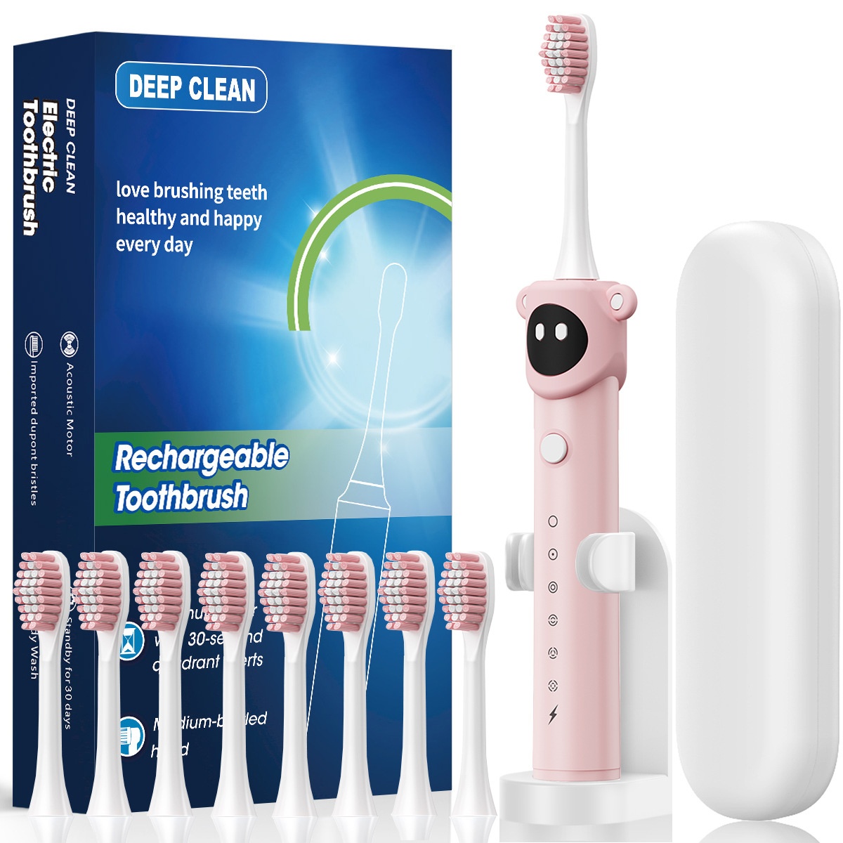 Brosse à dents électrique ergonomique pour enfants avec minuteur intelligent, poils souples et 8 têtes de brosse.