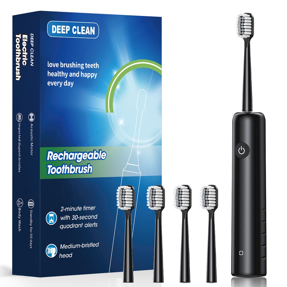 Deep Clean Rechargeable Acoustic Electric Toothbrush, 2-Minute Timer, Soft Dupont Bristles