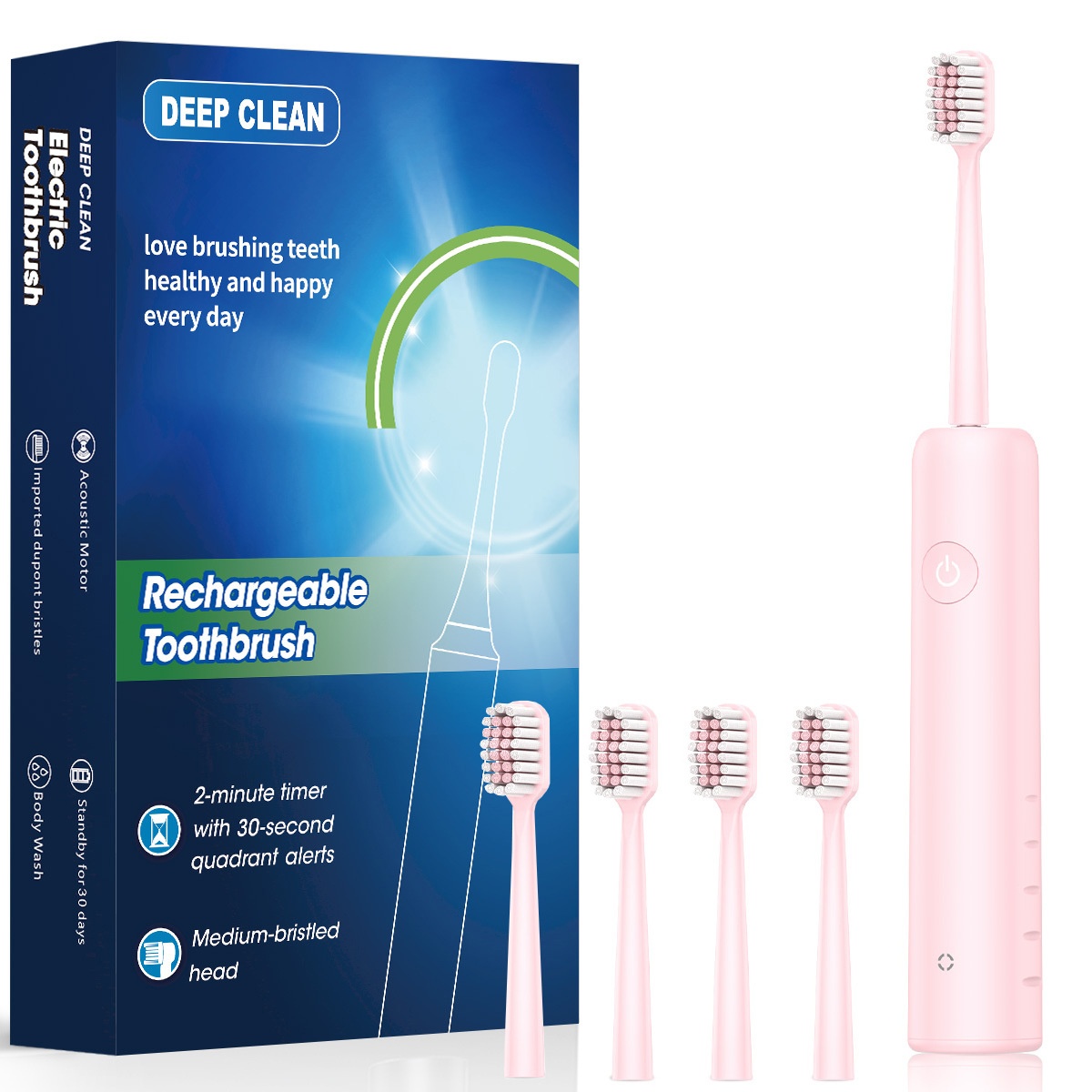 Deep Clean Rechargeable Acoustic Electric Toothbrush, 2-Minute Timer, Soft Dupont Bristles