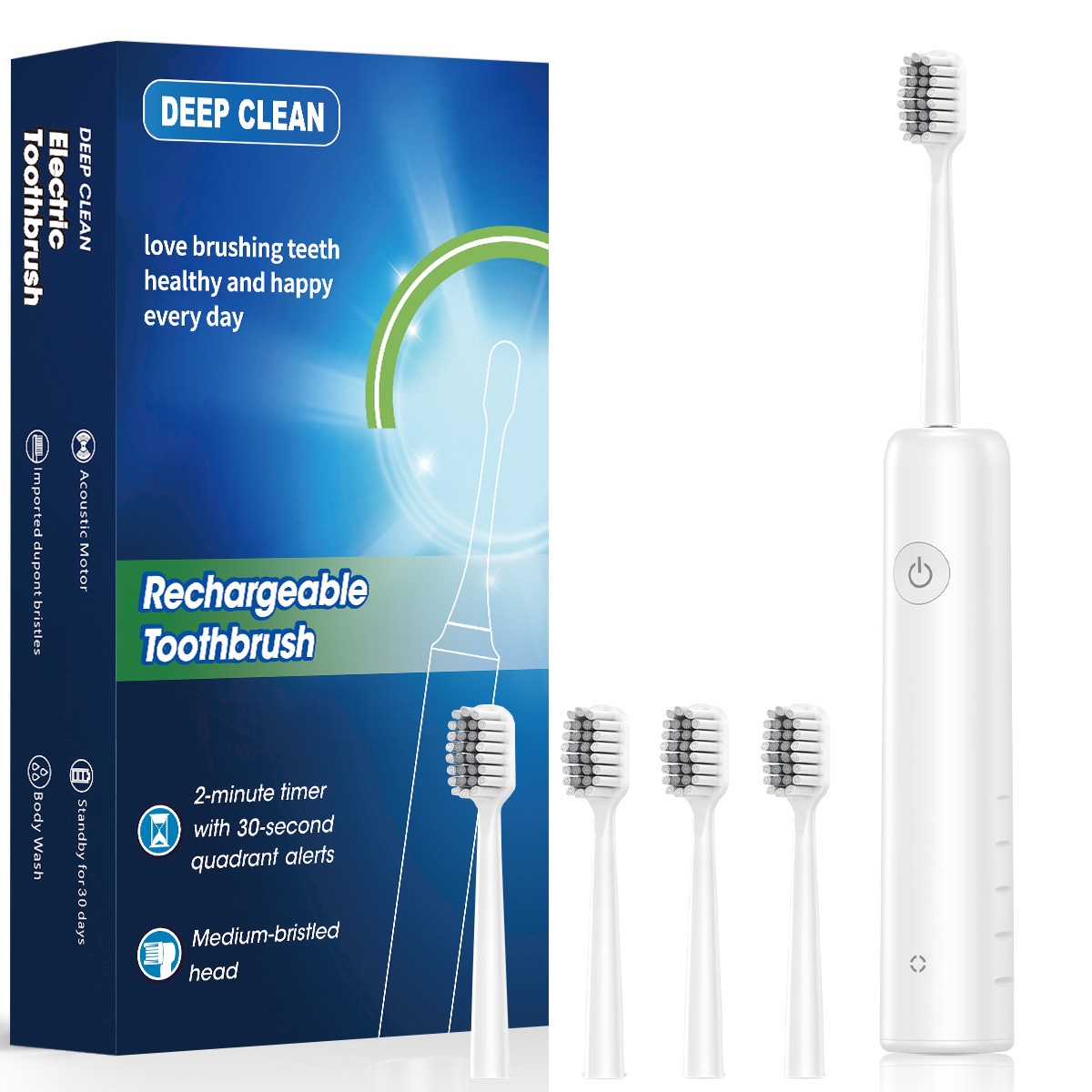 Deep Clean Rechargeable Acoustic Electric Toothbrush, 2-Minute Timer, Soft Dupont Bristles