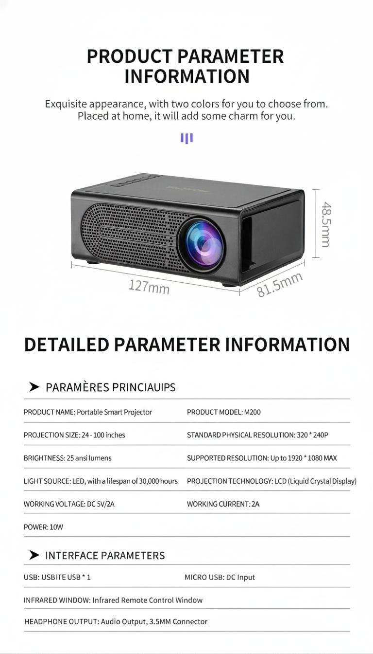 Mini projecteur intelligent portable pour téléphone portable 1080p Full HD - Compatible Android et iOS - Modèle n° M200S
