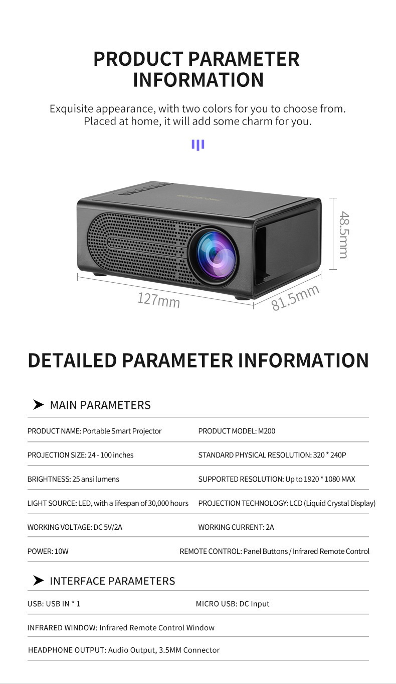Mini Portable Mobile Phone 1080PFull HD Smart Projector - Support Android & IOS Connectable - Model#M200S