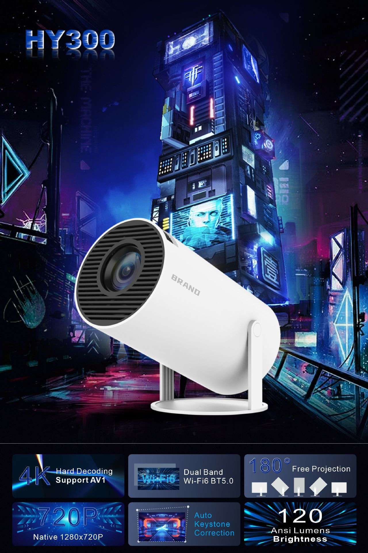 Portable Smart Projector 4K Support Android 11 Wi-Fi 6, 1280 x 720P Support , 130" screen display - Model#HY300