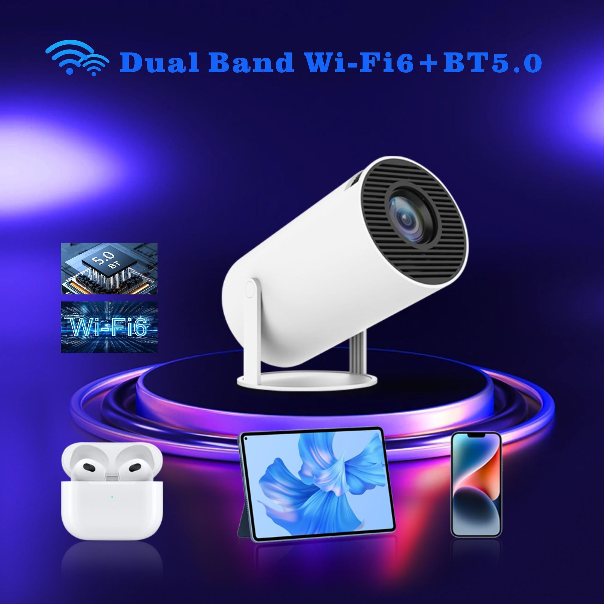 Portable Smart Projector 4K Support Android 11 Wi-Fi 6, 1280 x 720P Support , 130" screen display - Model#HY300