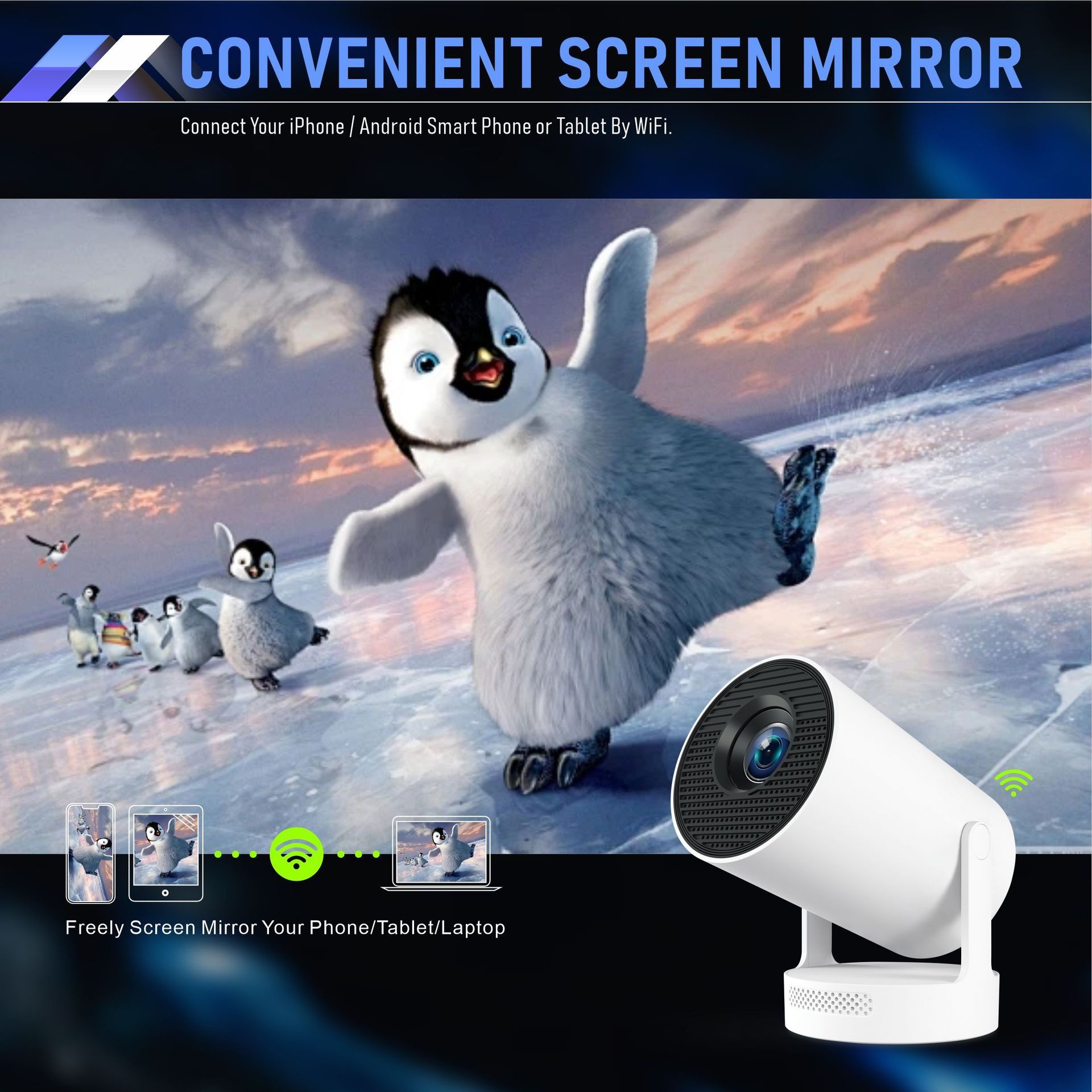 Premium Portable Smart 4K Projector 720P Wi-Fi 6 Home Theater with auto ladder correction - Model#HY300Plus