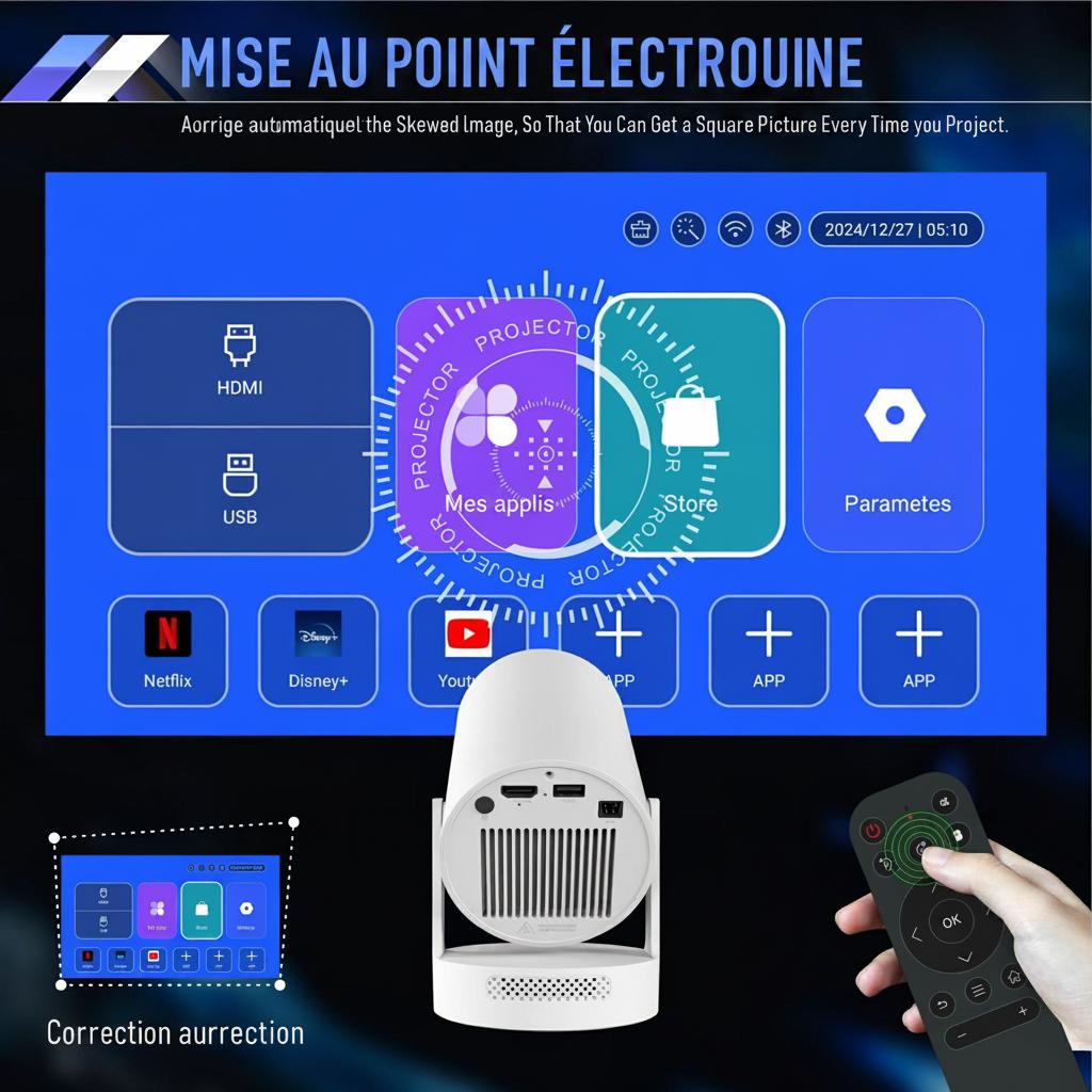 Projecteur portable intelligent 4K haut de gamme 720p Wi-Fi 6 pour home cinéma avec correction automatique de l'échelle - Modèle n° HY300Plus