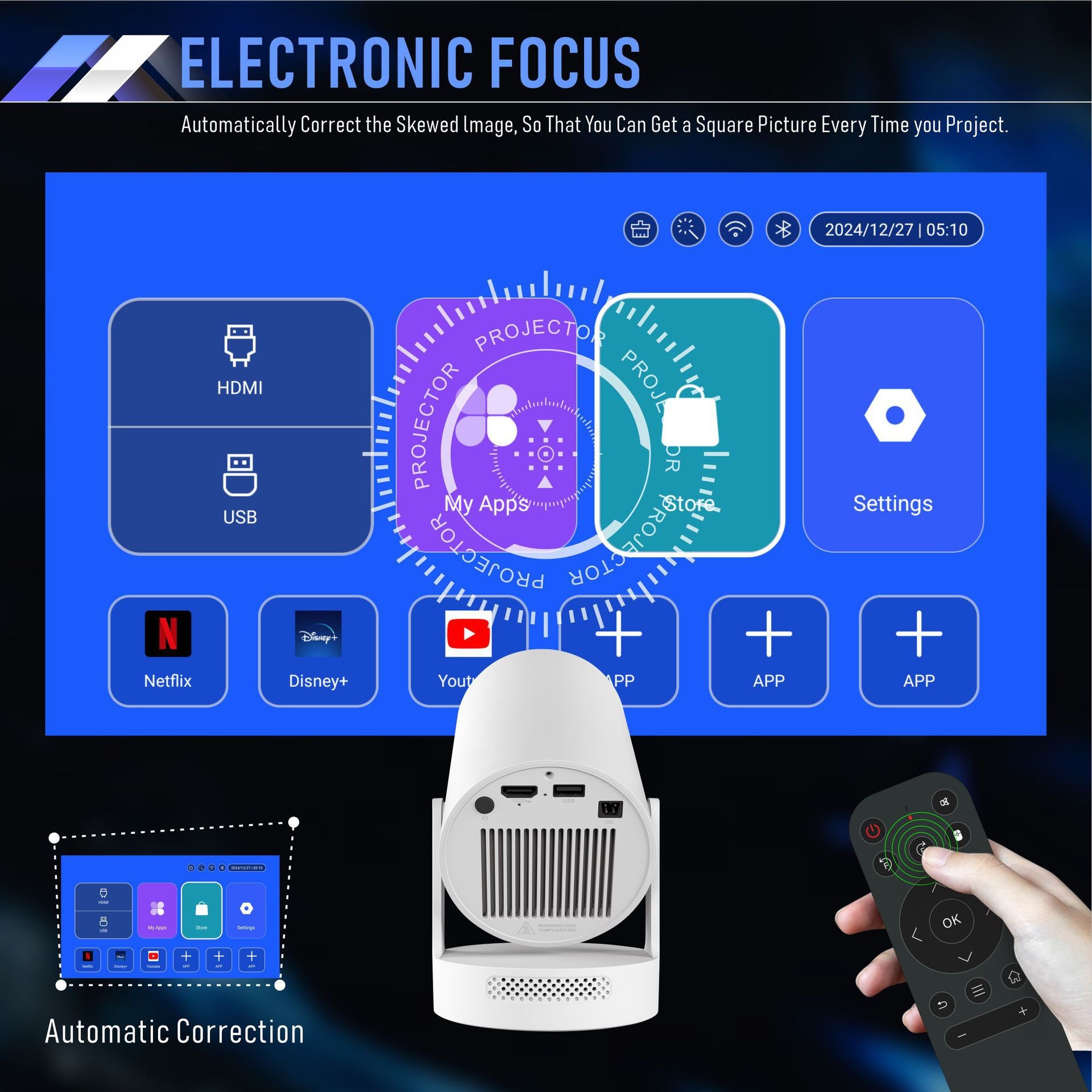 Premium Portable Smart 4K Projector 720P Wi-Fi 6 Home Theater with auto ladder correction - Model#HY300Plus
