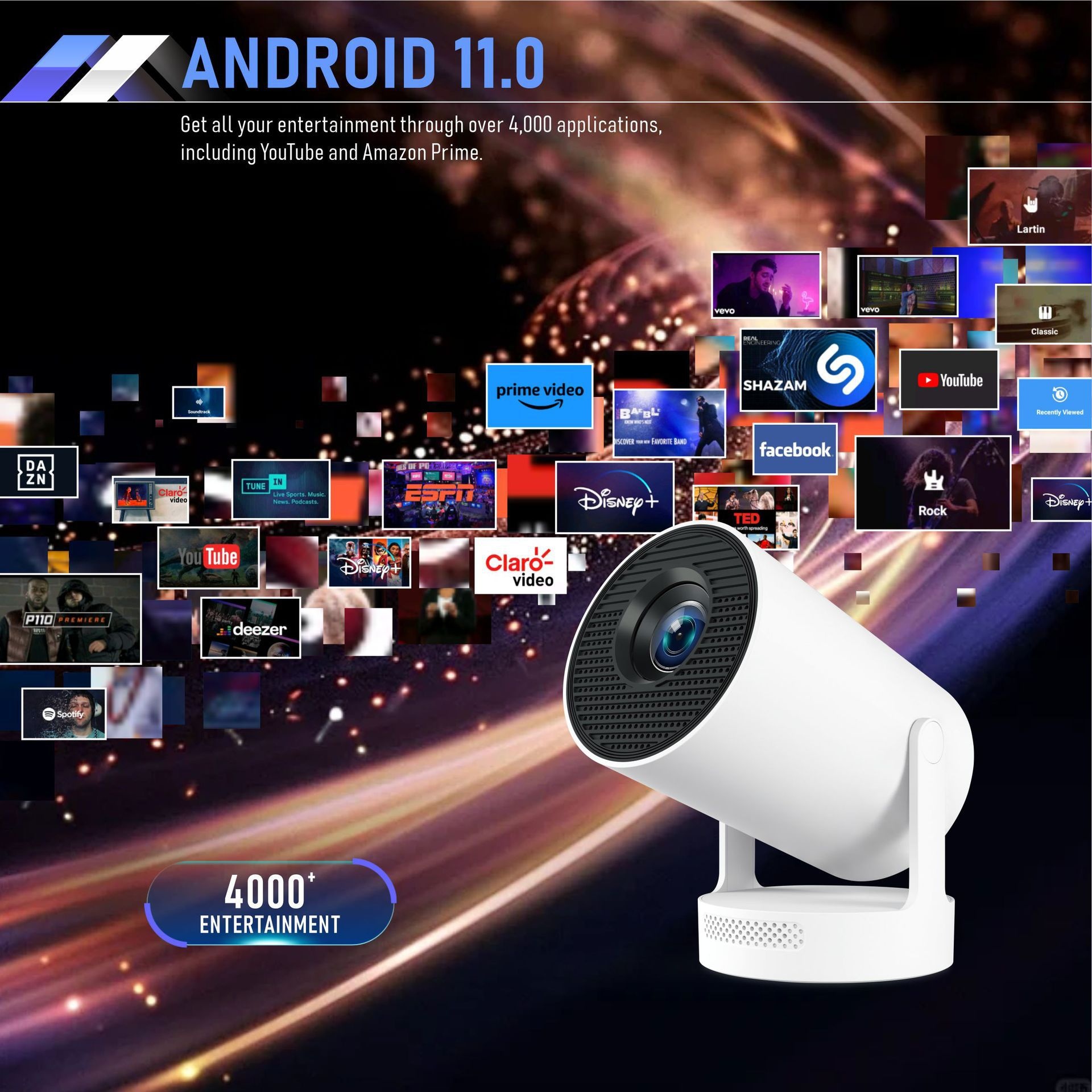 Projecteur portable intelligent 4K haut de gamme 720p Wi-Fi 6 pour home cinéma avec correction automatique de l'échelle - Modèle n° HY300Plus