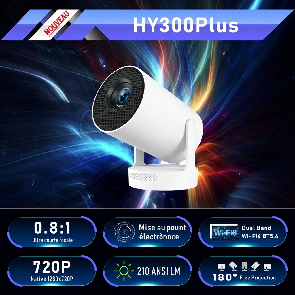 Projecteur portable intelligent 4K haut de gamme 720p Wi-Fi 6 pour home cinéma avec correction automatique de l'échelle - Modèle n° HY300Plus